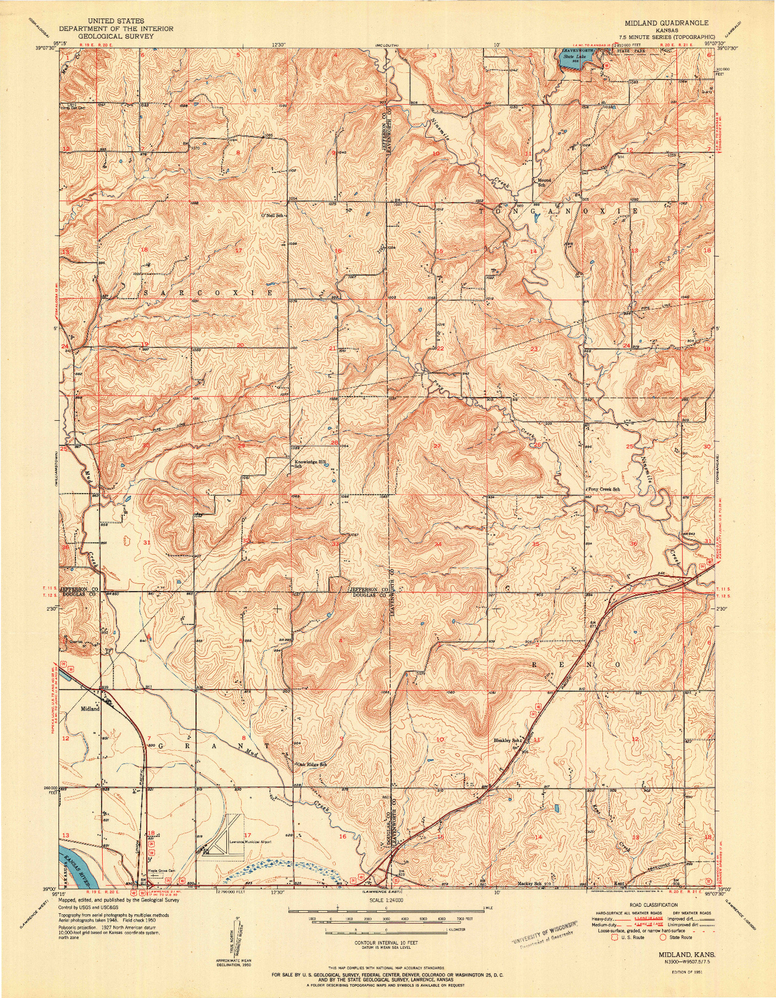 USGS 1:24000-SCALE QUADRANGLE FOR MIDLAND, KS 1951