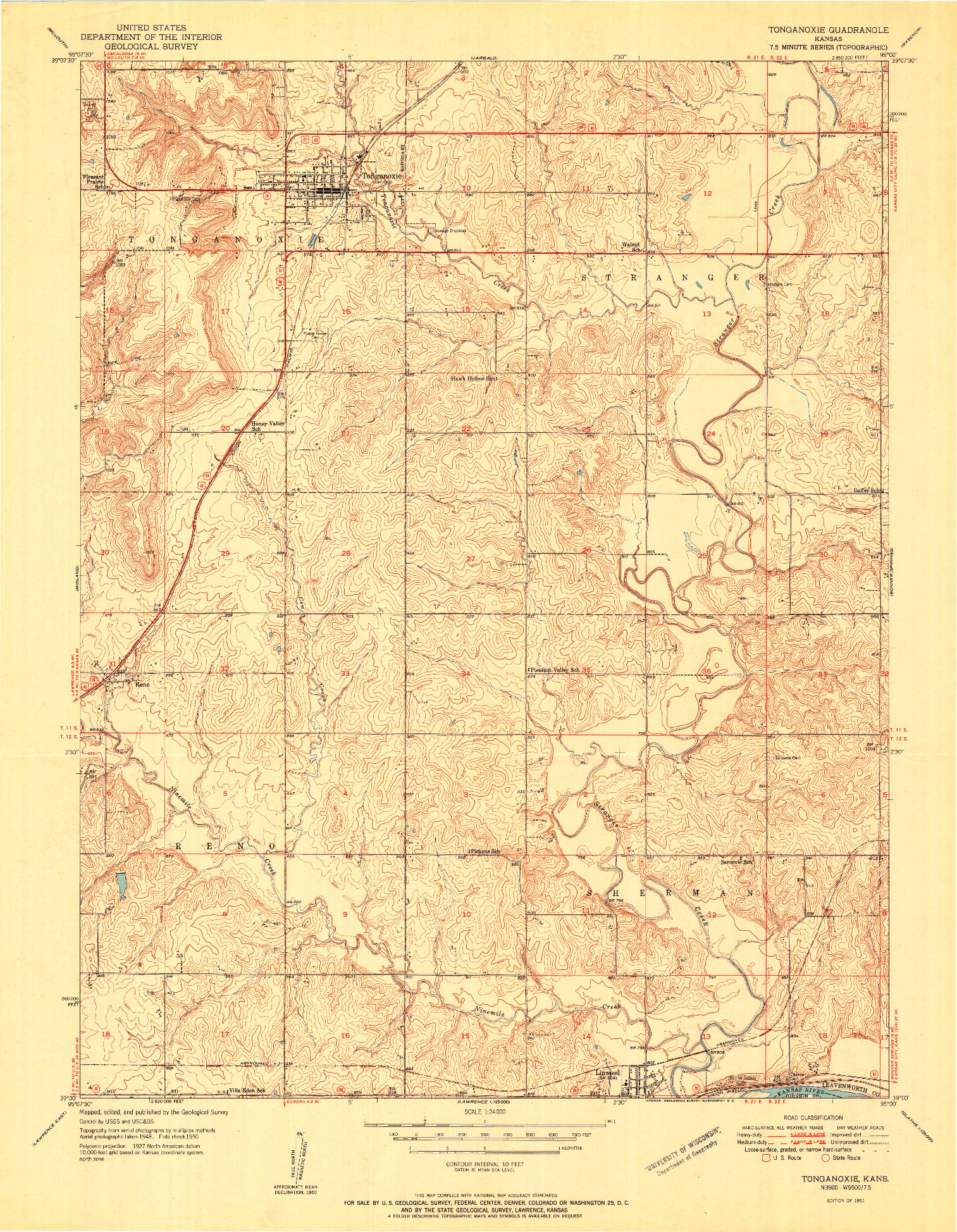 USGS 1:24000-SCALE QUADRANGLE FOR TONGANOXIE, KS 1951