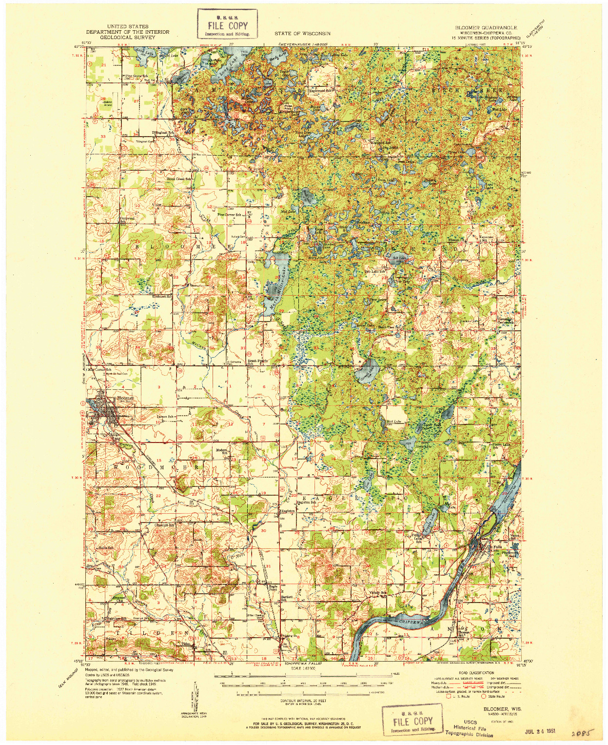USGS 1:62500-SCALE QUADRANGLE FOR BLOOMER, WI 1951