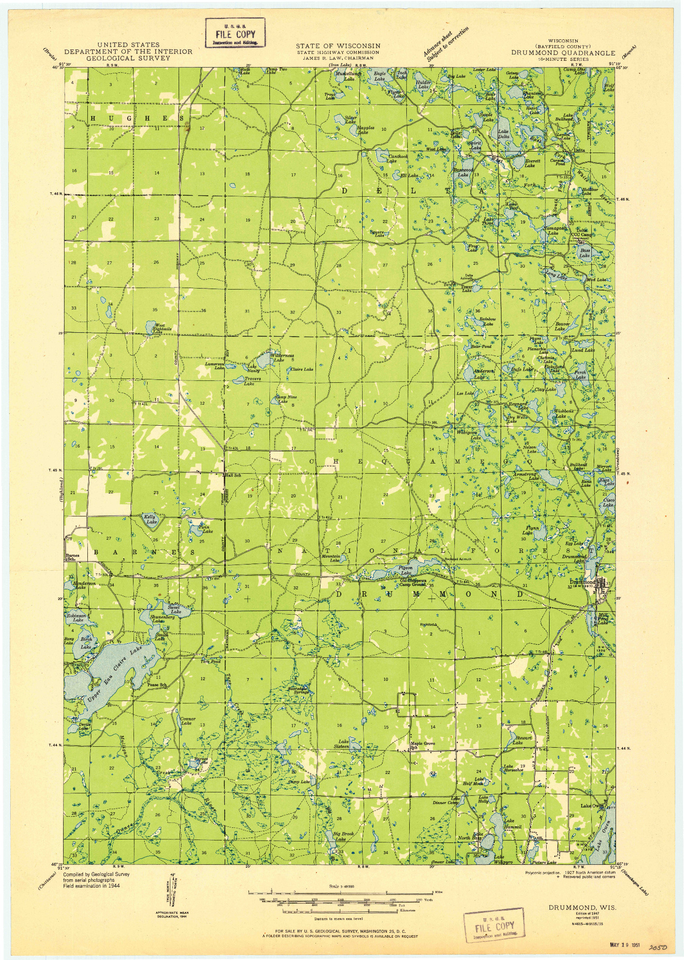 USGS 1:48000-SCALE QUADRANGLE FOR DRUMMOND, WI 1947