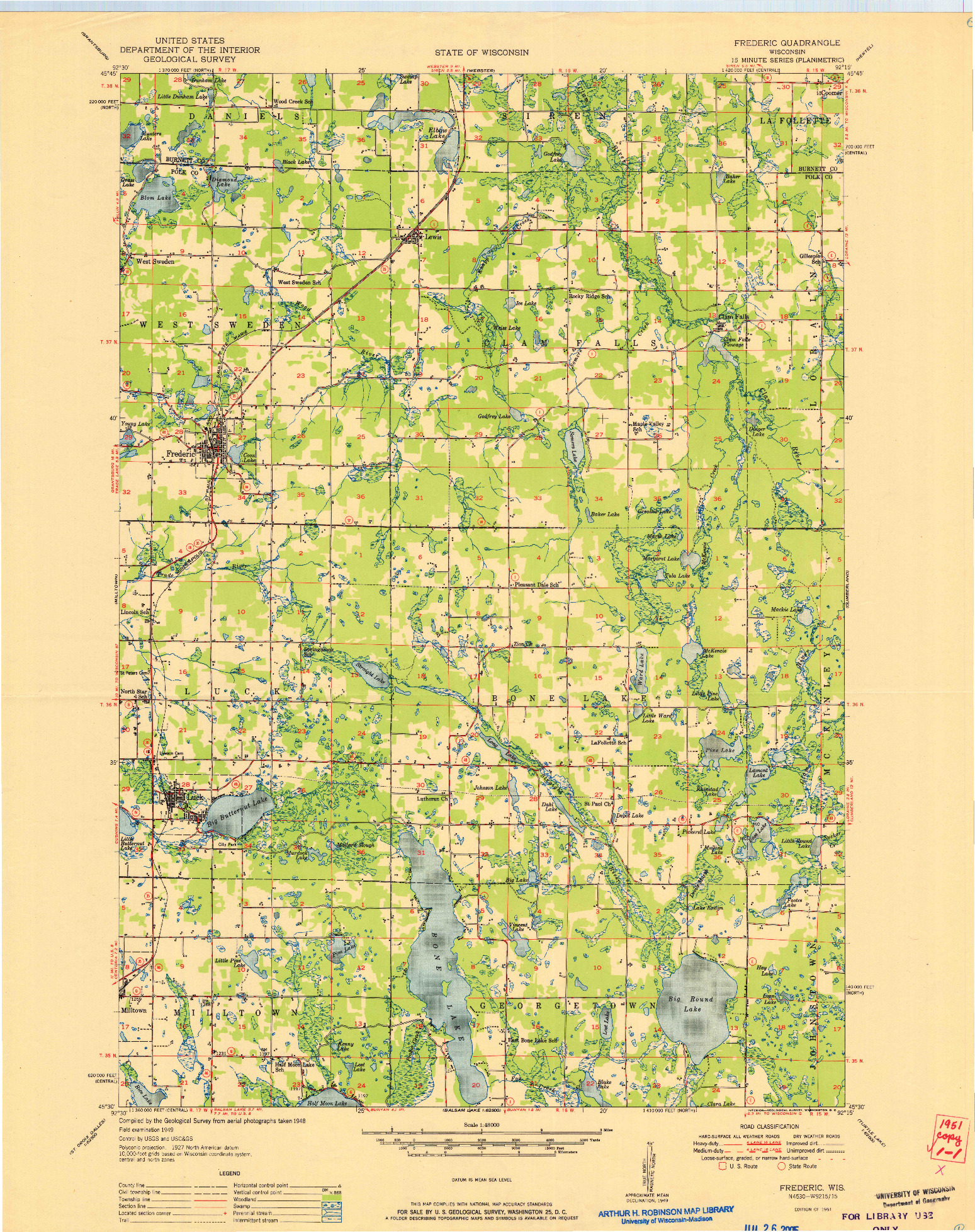 USGS 1:48000-SCALE QUADRANGLE FOR FREDERIC, WI 1951