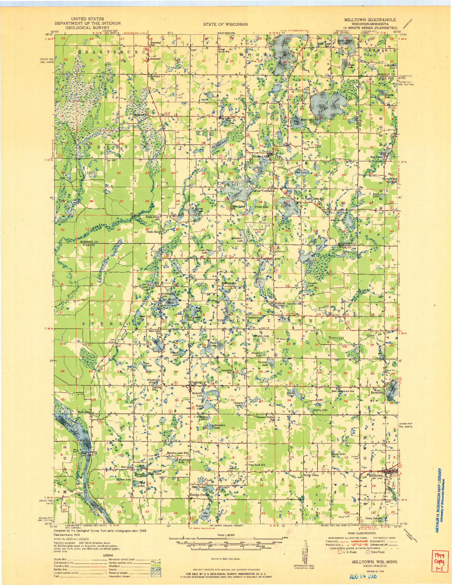 USGS 1:48000-SCALE QUADRANGLE FOR MILLTOWN, WI 1951