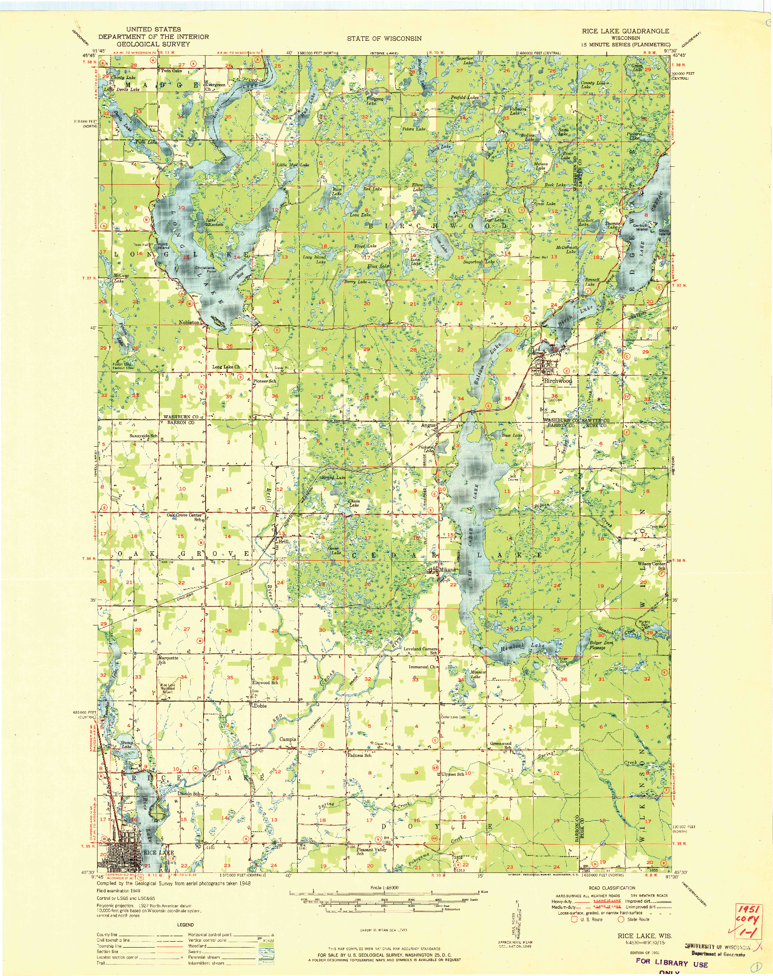 USGS 1:48000-SCALE QUADRANGLE FOR RICE LAKE, WI 1951