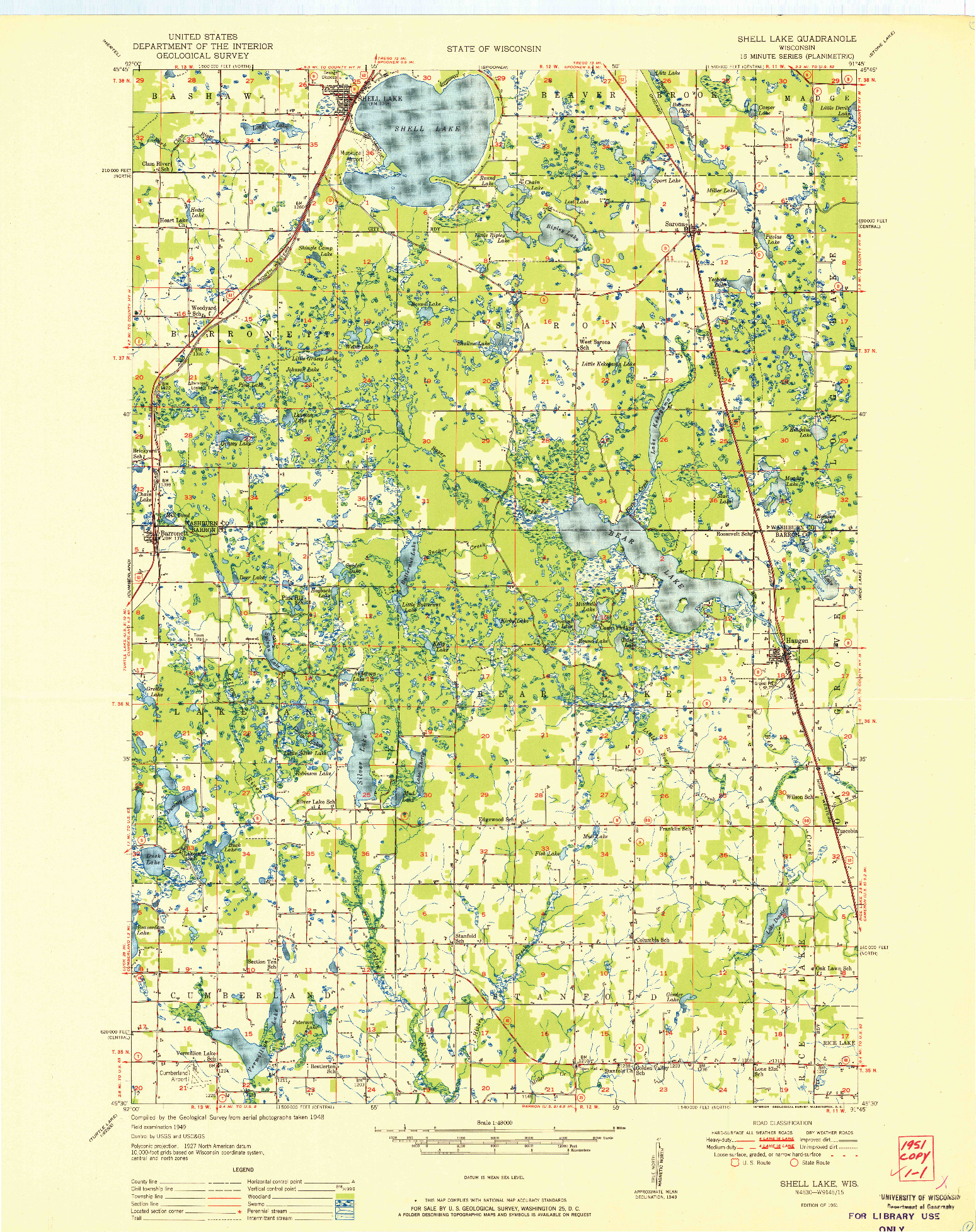 USGS 1:48000-SCALE QUADRANGLE FOR SHELL LAKE, WI 1951