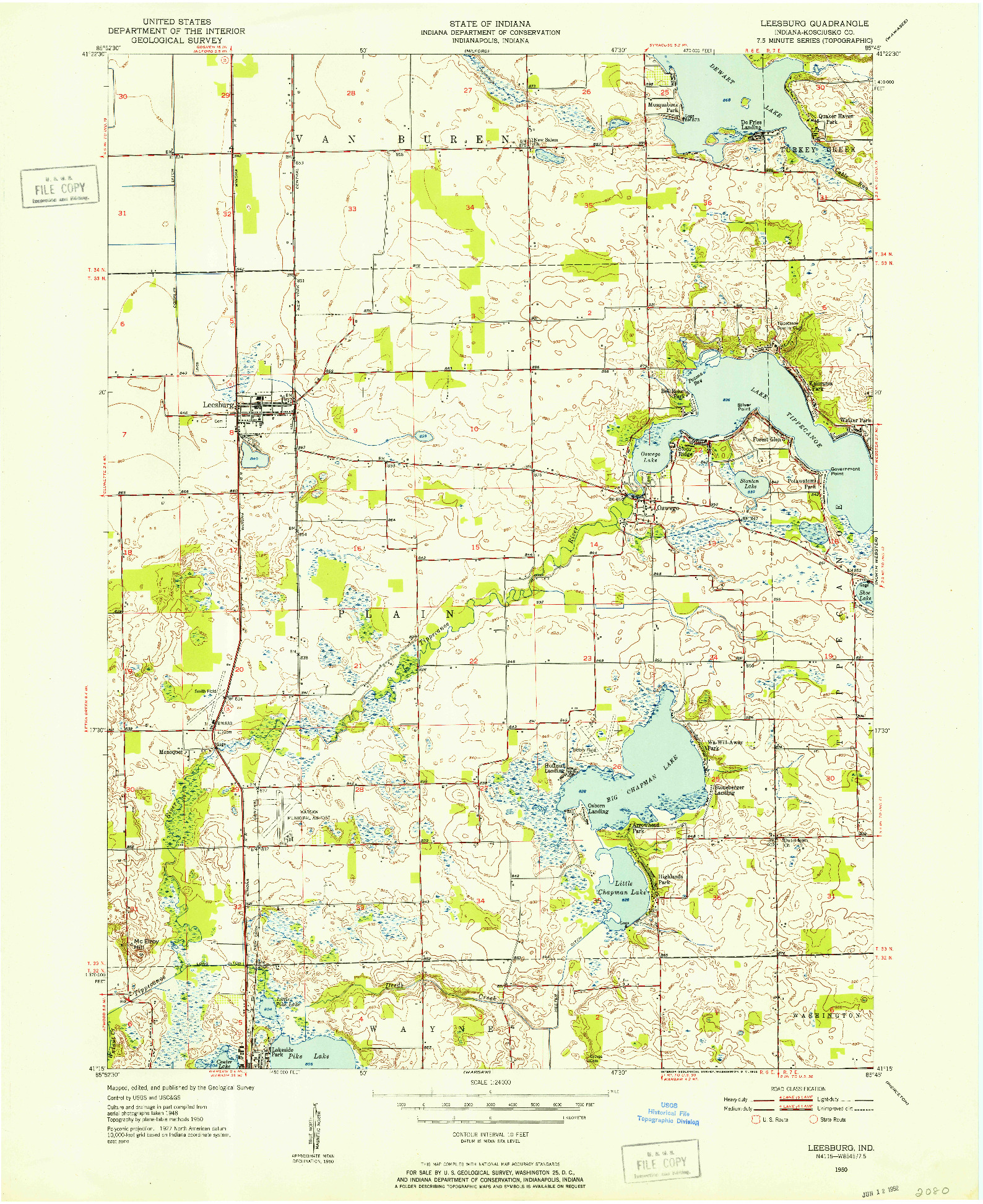 USGS 1:24000-SCALE QUADRANGLE FOR LEESBURG, IN 1950