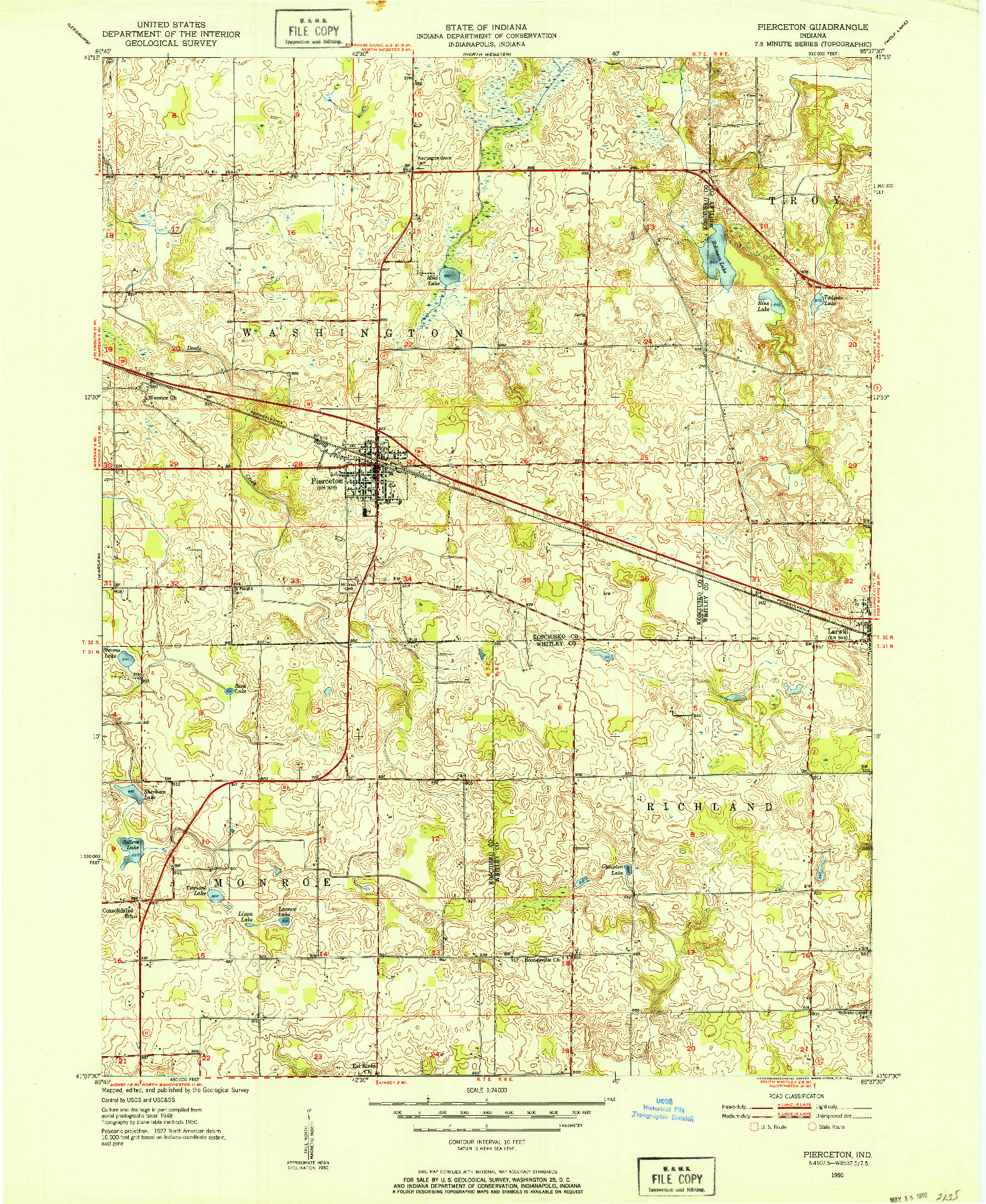 USGS 1:24000-SCALE QUADRANGLE FOR PIERCETON, IN 1950