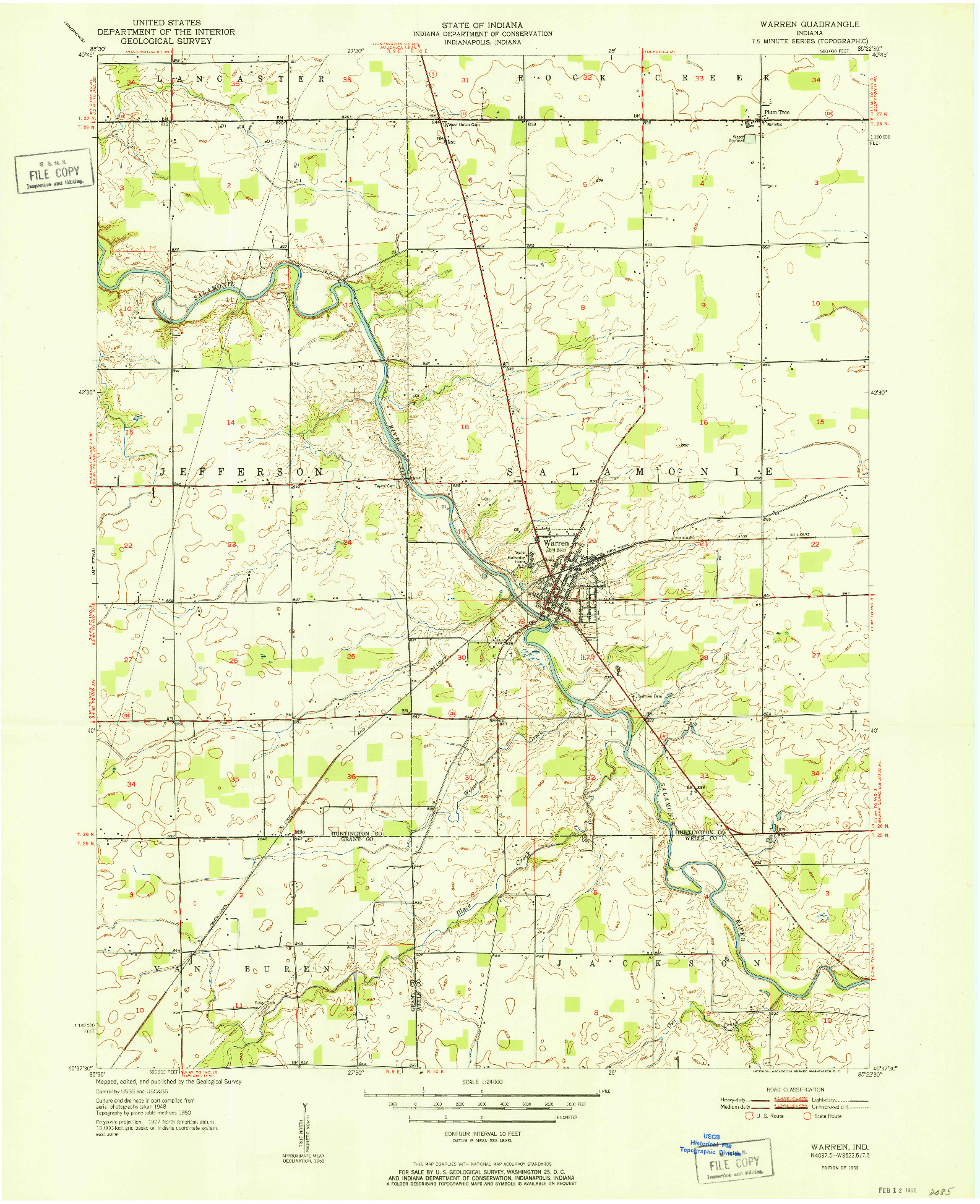 USGS 1:24000-SCALE QUADRANGLE FOR WARREN, IN 1952