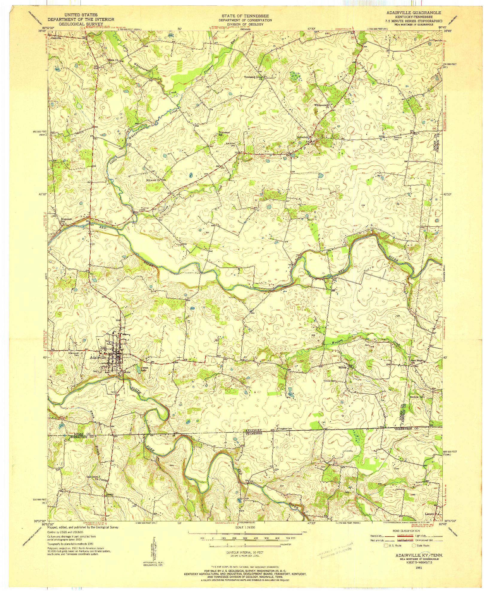 USGS 1:24000-SCALE QUADRANGLE FOR ADAIRVILLE, KY 1951