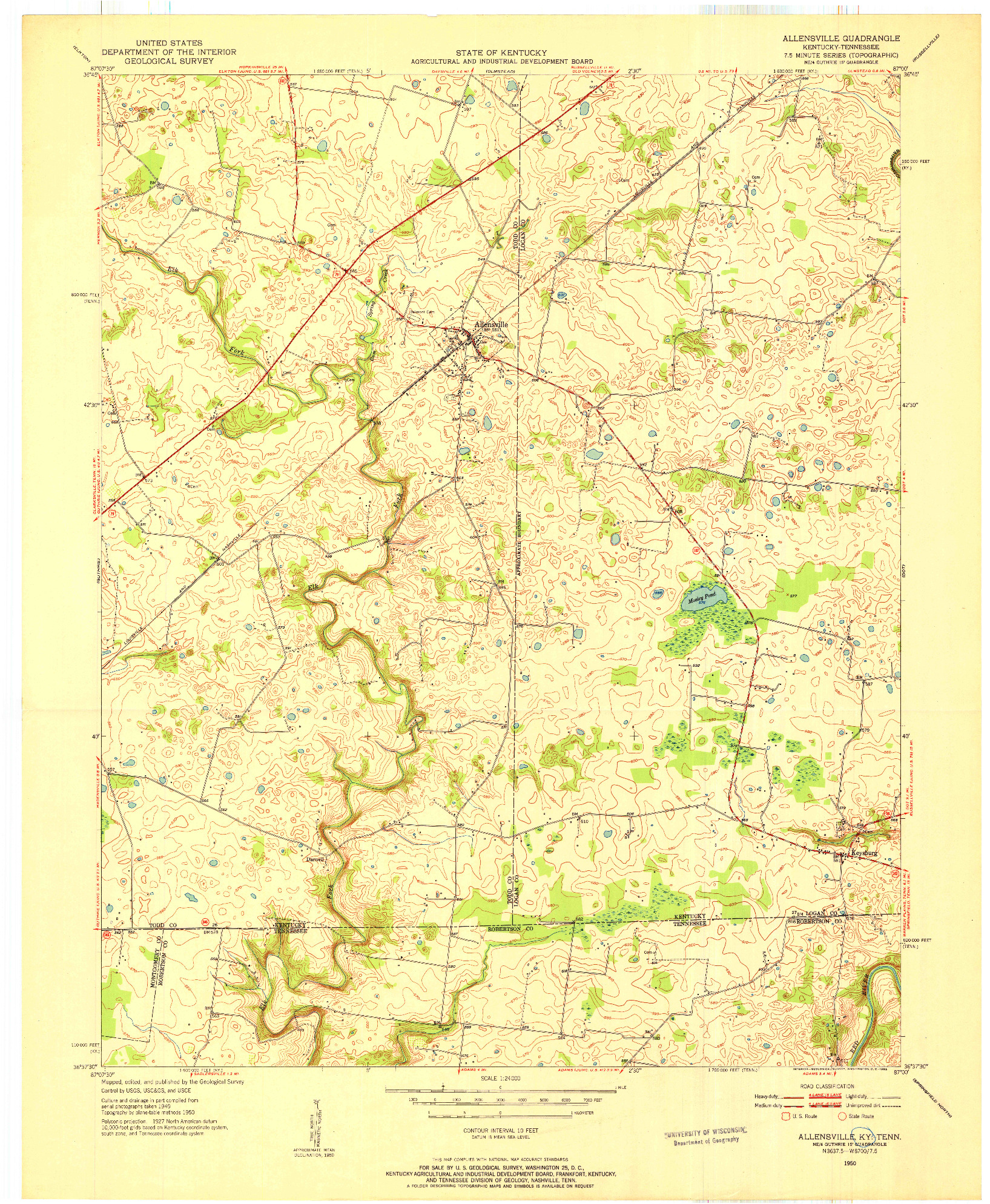 USGS 1:24000-SCALE QUADRANGLE FOR ALLENSVILLE, KY 1950