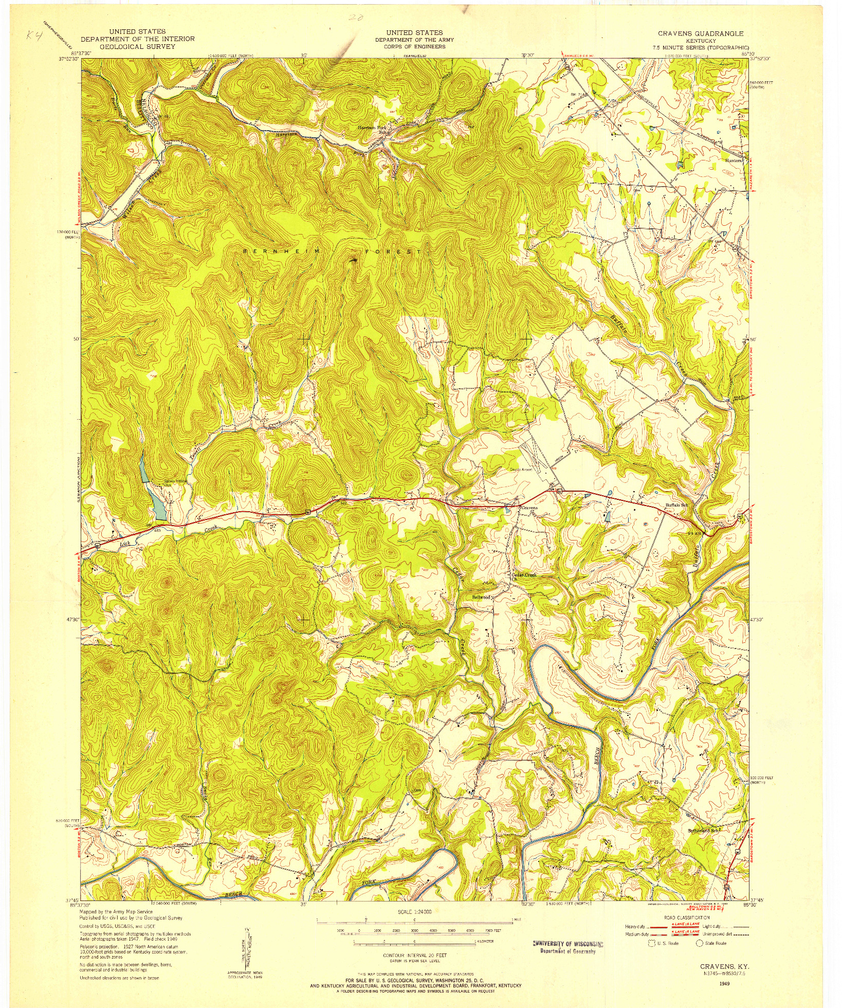 USGS 1:24000-SCALE QUADRANGLE FOR CRAVENS, KY 1949