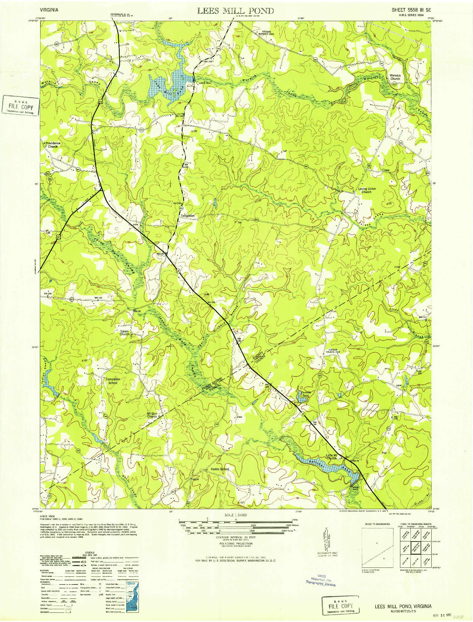 USGS 1:24000-SCALE QUADRANGLE FOR LEES MILL POND, VA 1952