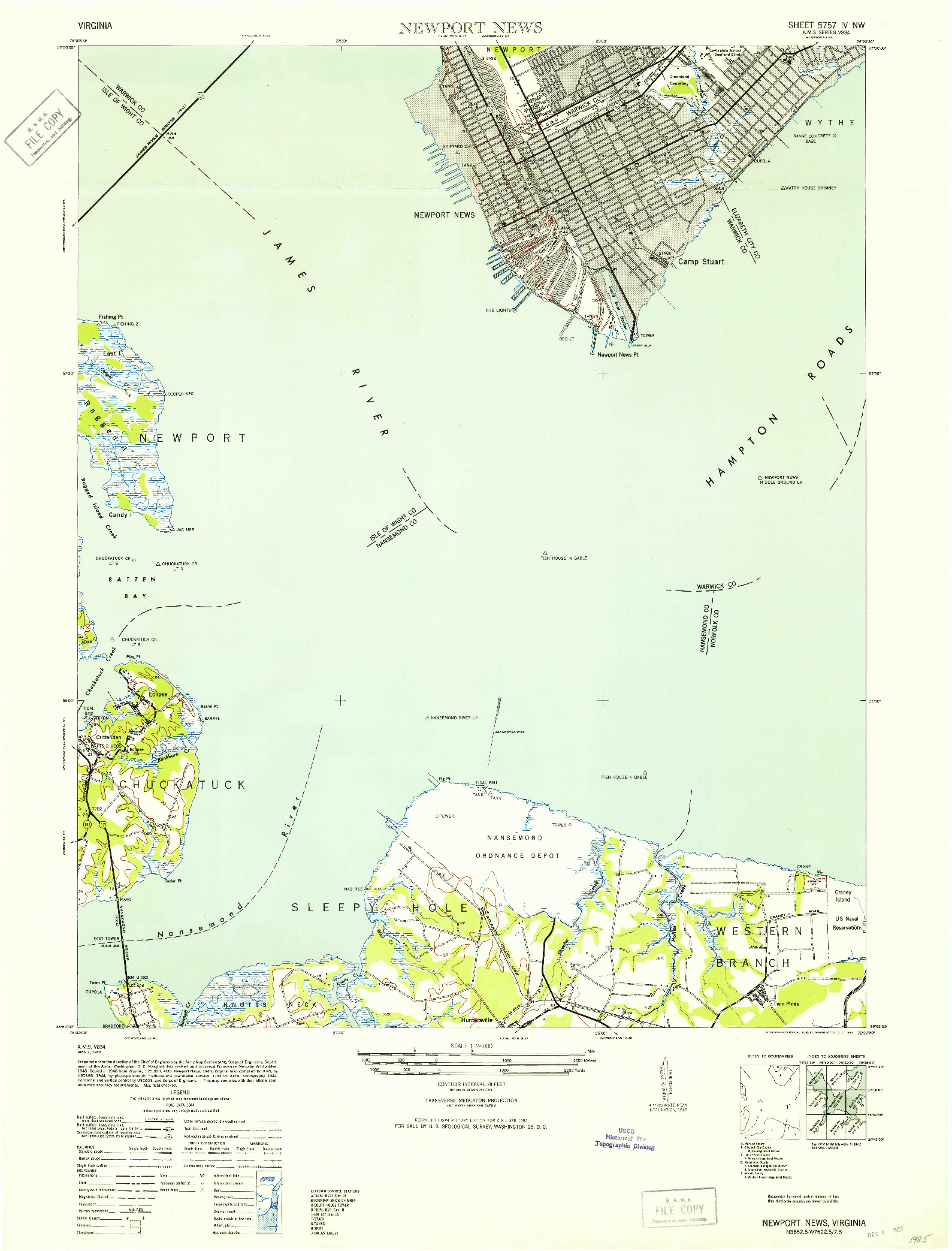 USGS 1:24000-SCALE QUADRANGLE FOR NEWPORT NEWS, VA 1952