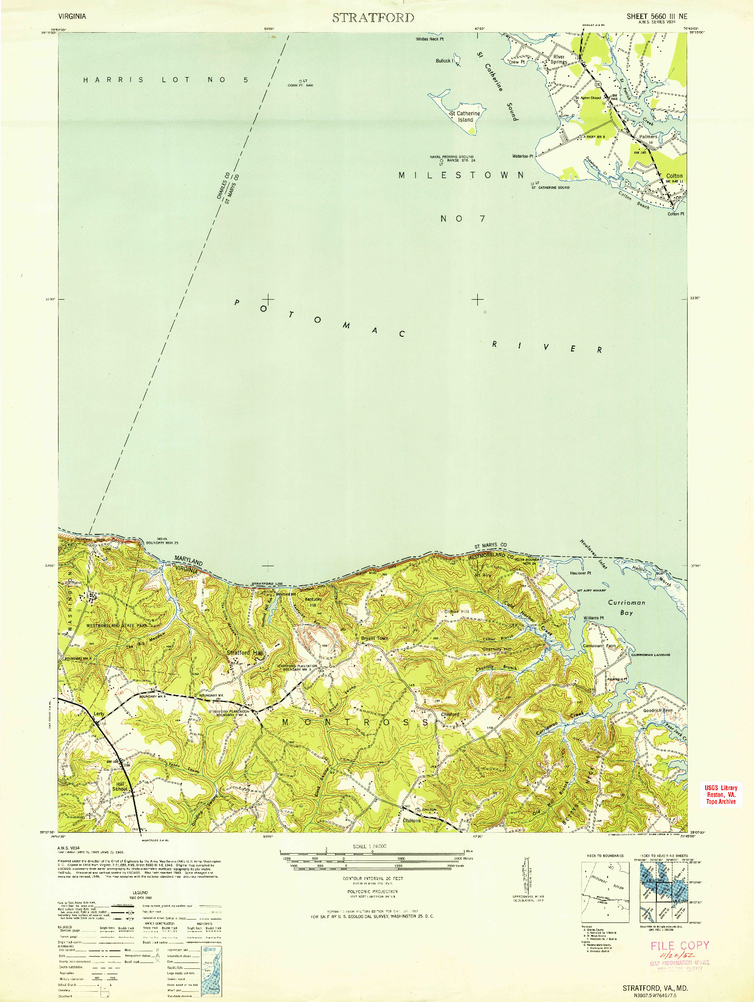 USGS 1:24000-SCALE QUADRANGLE FOR STRATFORD, VA 1952
