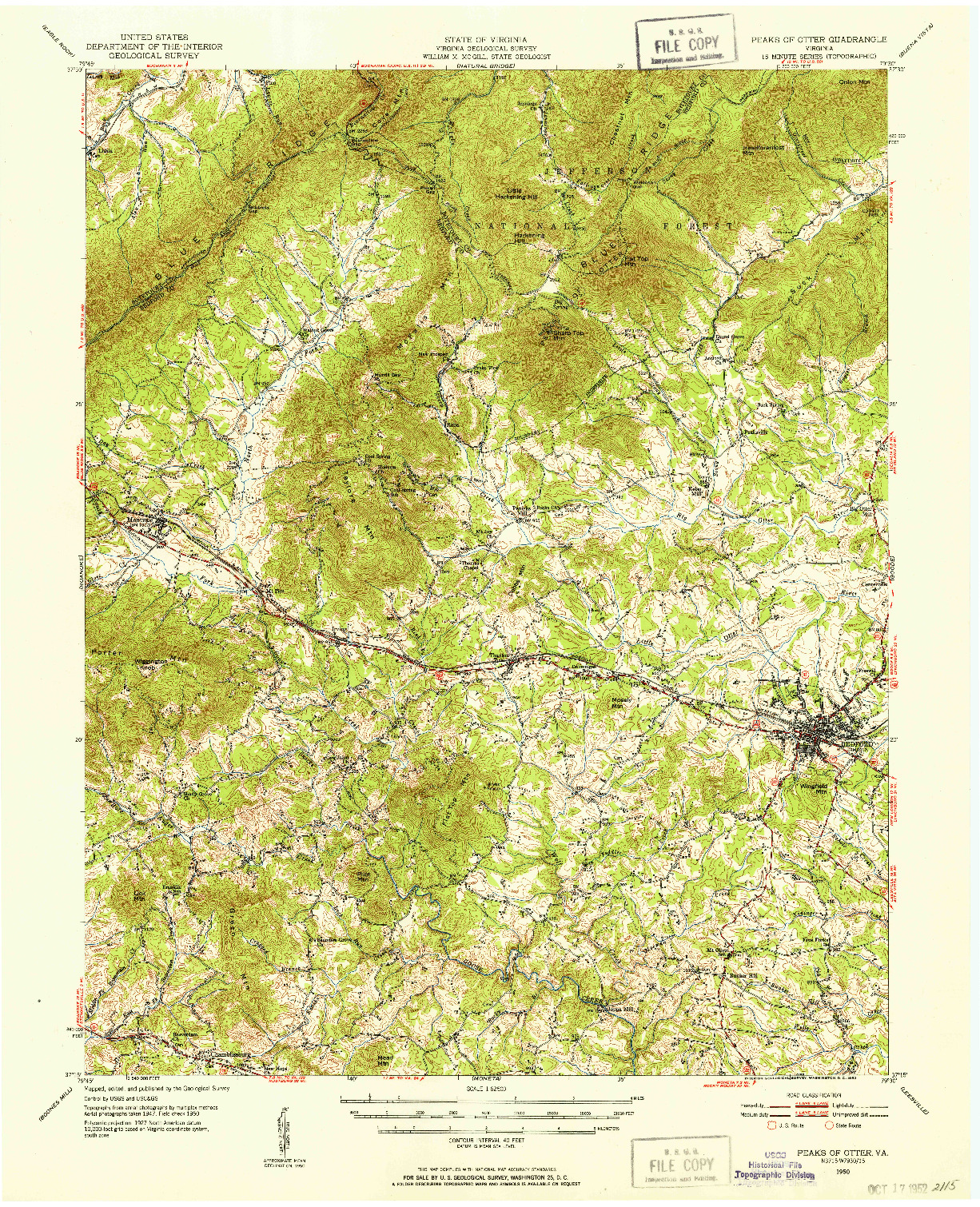 USGS 1:62500-SCALE QUADRANGLE FOR PEAKS OF OTTER, VA 1950