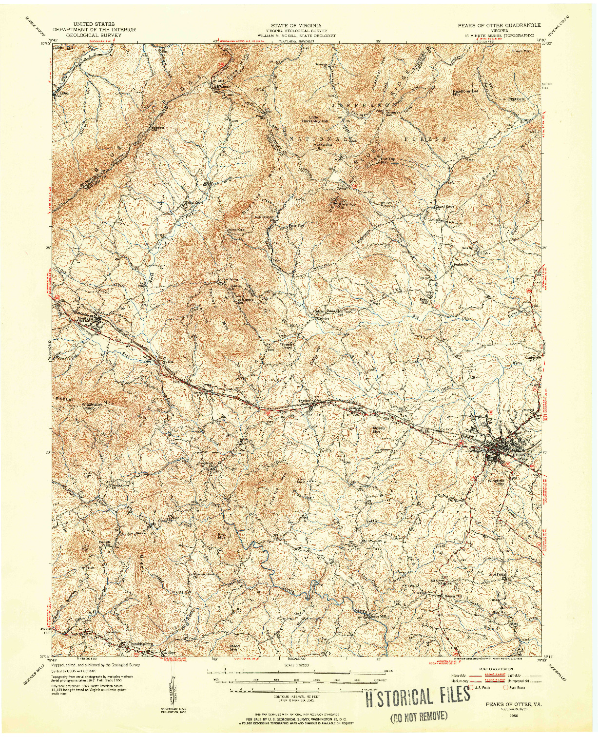 USGS 1:62500-SCALE QUADRANGLE FOR PEAKS OF OTTER, VA 1950