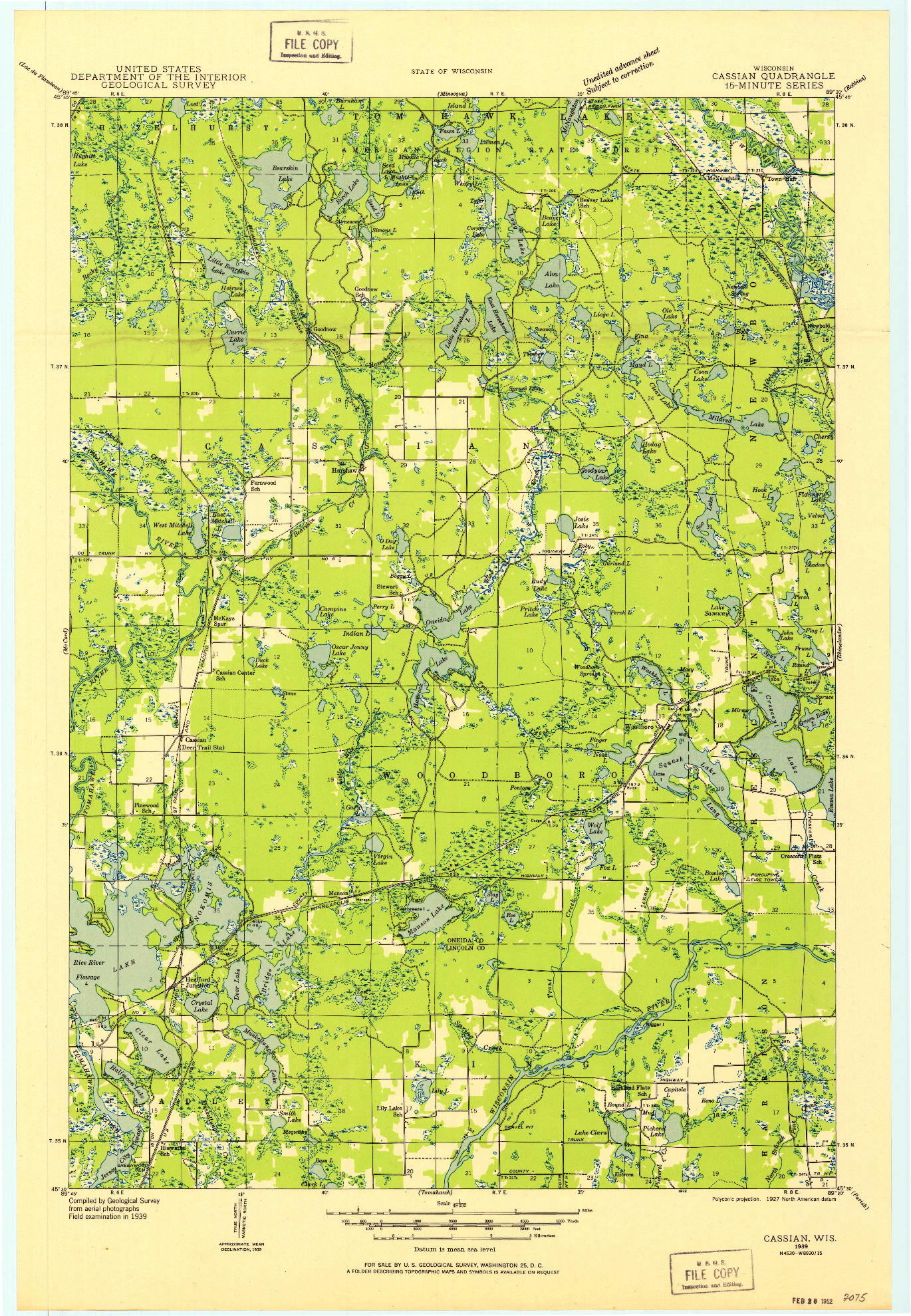 USGS 1:48000-SCALE QUADRANGLE FOR CASSIAN, WI 1939