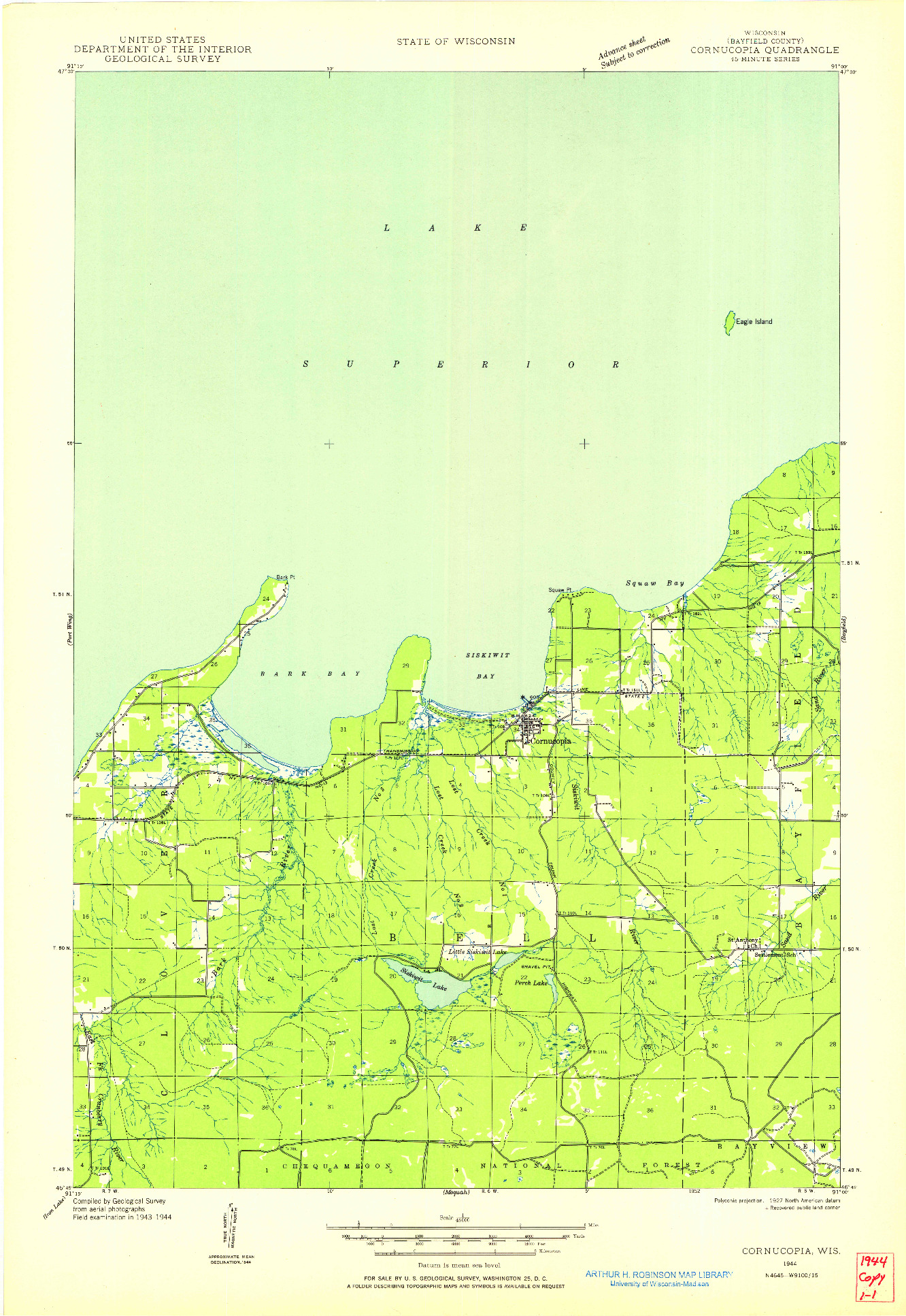 USGS 1:48000-SCALE QUADRANGLE FOR CORNUCOPIA, WI 1944