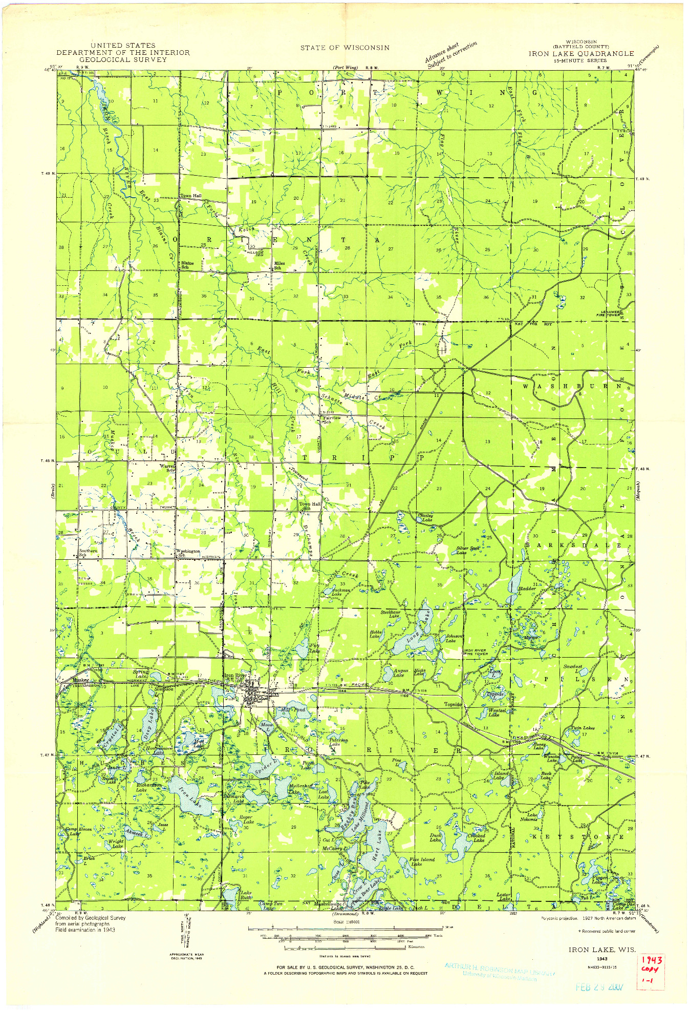 USGS 1:48000-SCALE QUADRANGLE FOR IRON LAKE, WI 1943