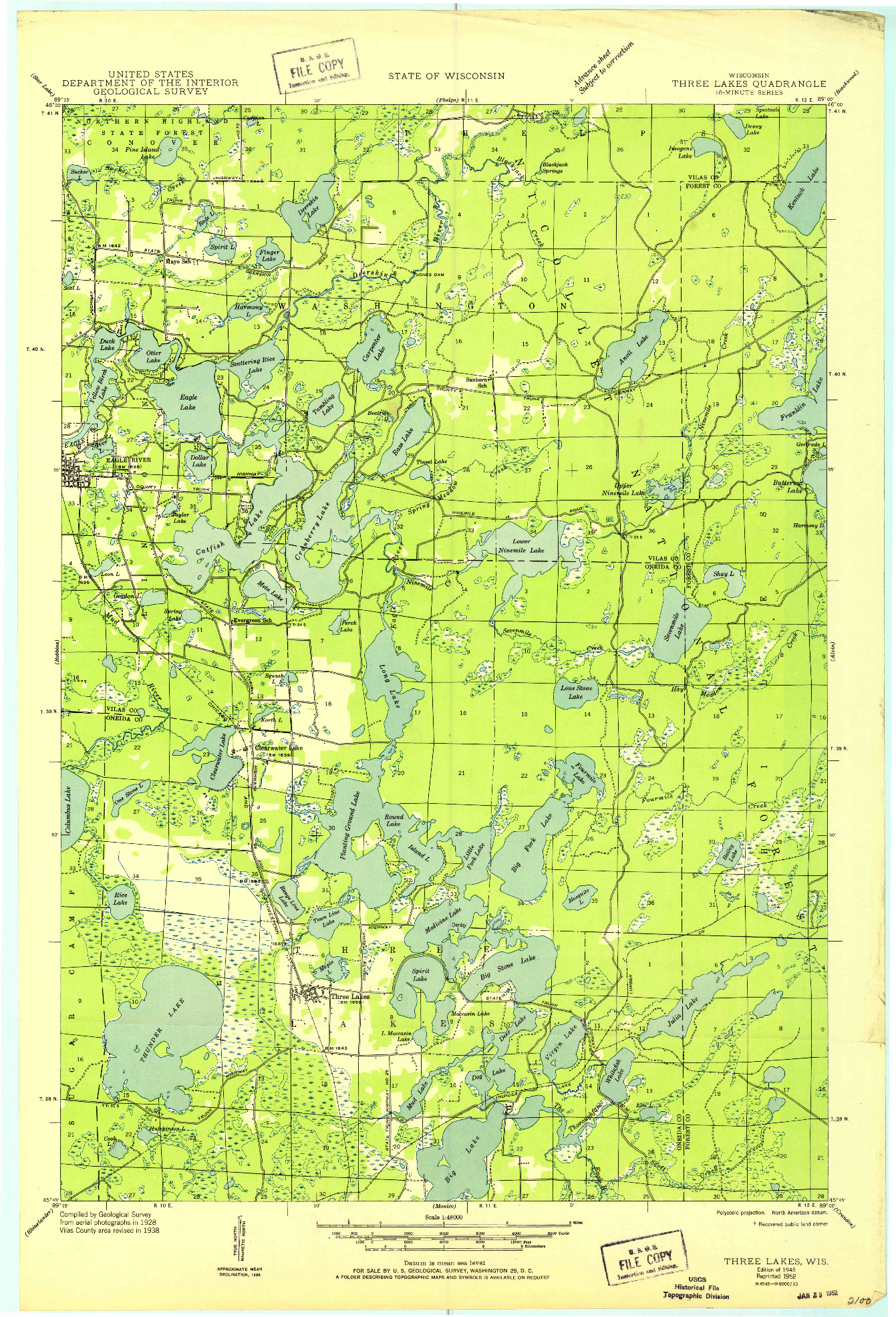 USGS 1:48000-SCALE QUADRANGLE FOR THREE LAKES, WI 1945