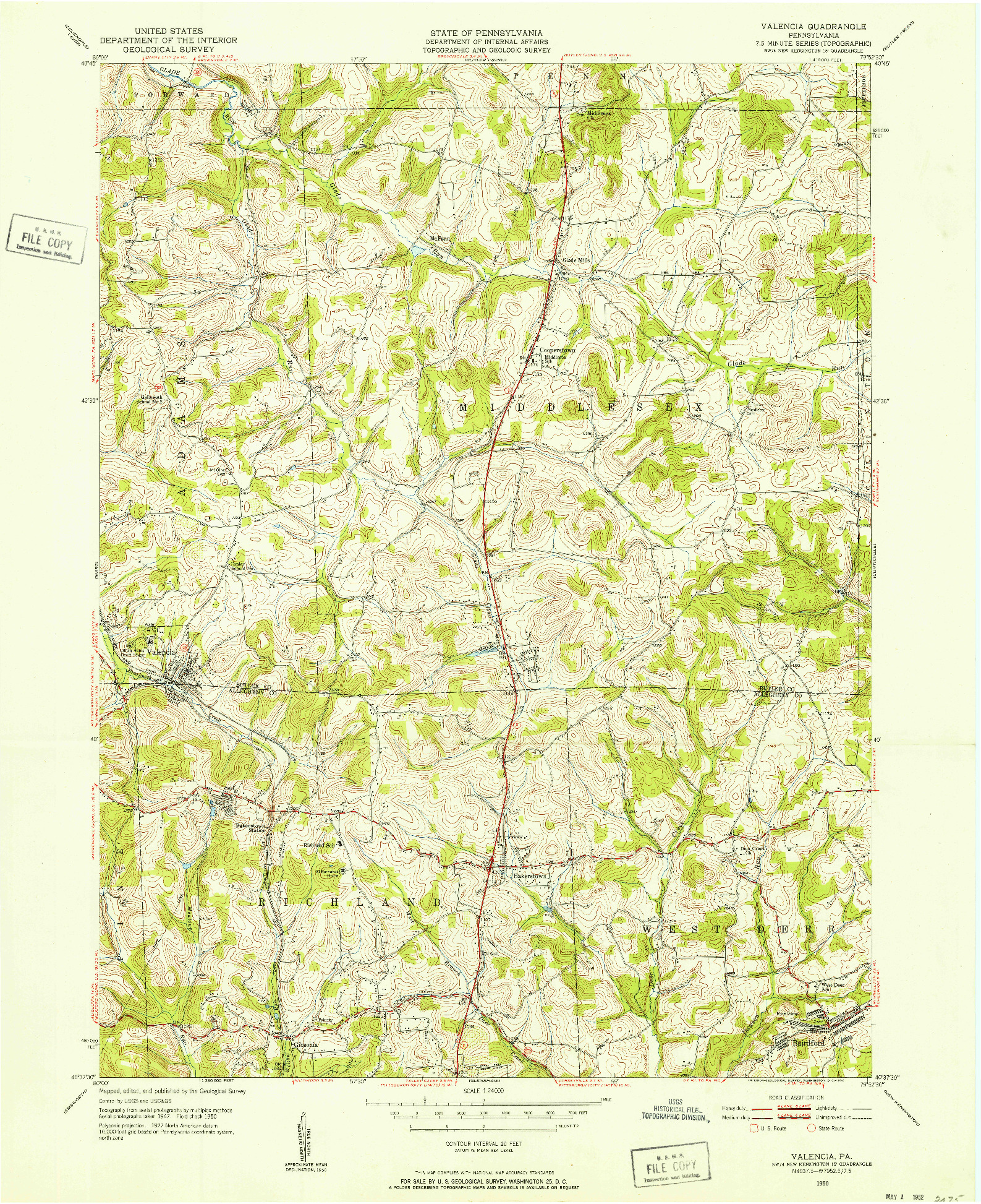 USGS 1:24000-SCALE QUADRANGLE FOR VALENCIA, PA 1950