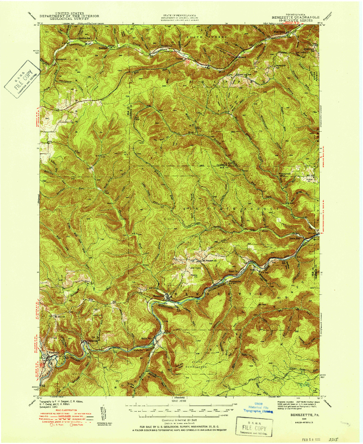 USGS 1:62500-SCALE QUADRANGLE FOR BENEZETTE, PA 1941