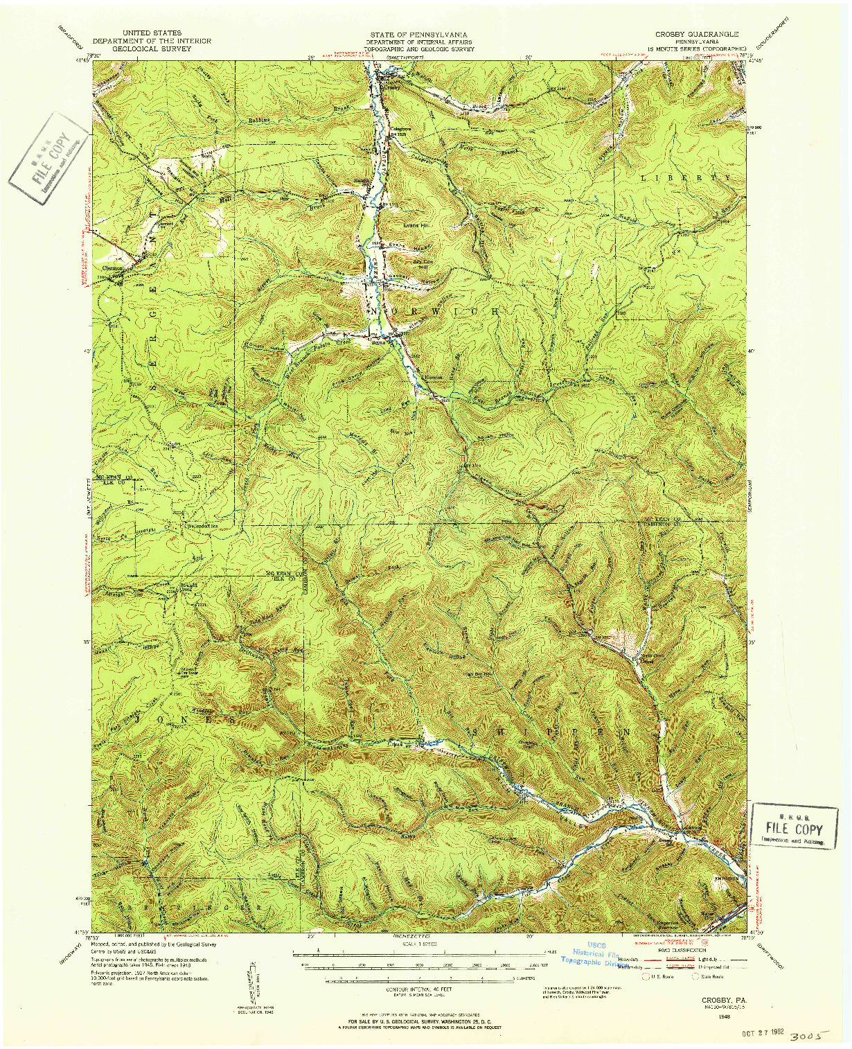 USGS 1:62500-SCALE QUADRANGLE FOR CROSBY, PA 1948