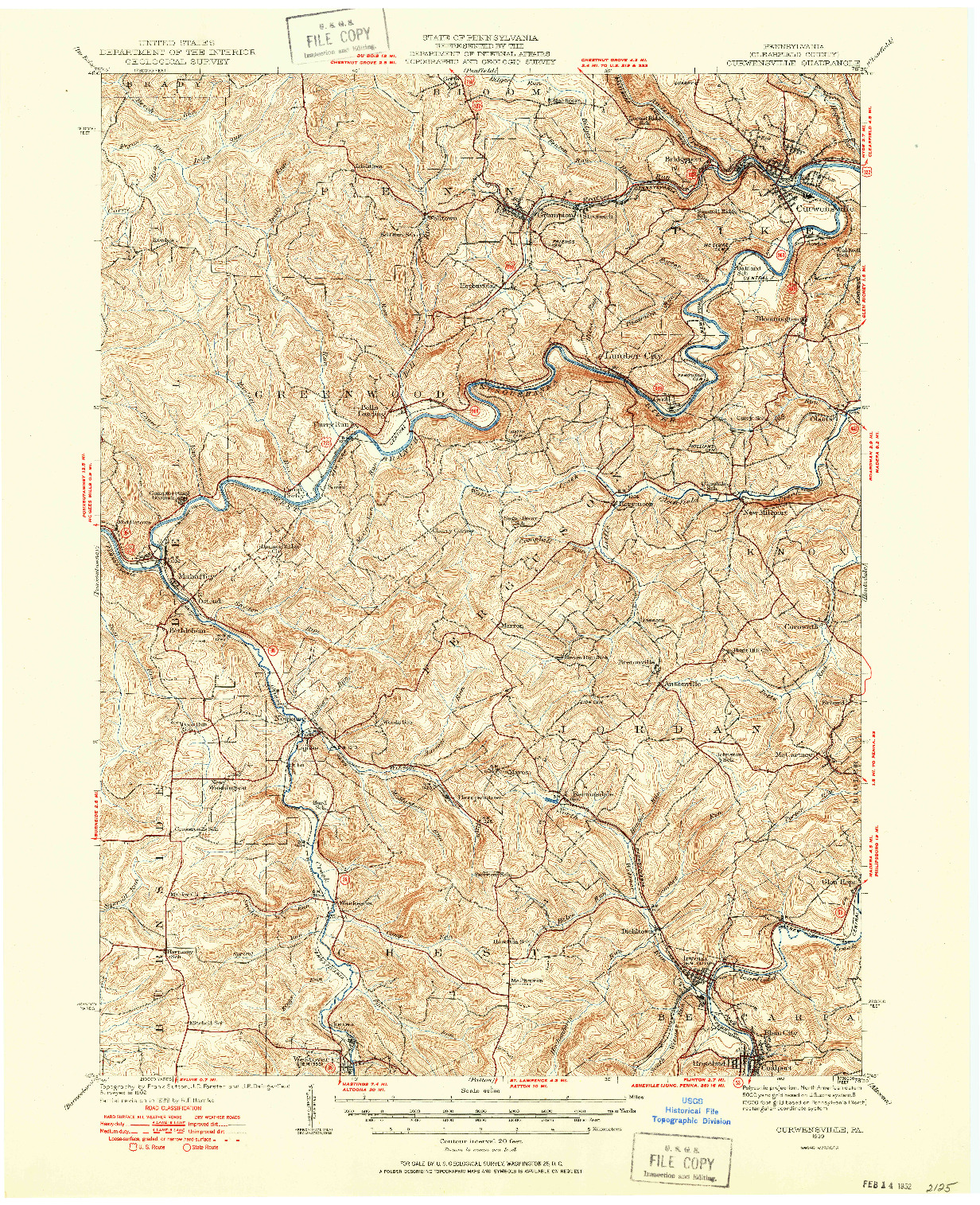 USGS 1:62500-SCALE QUADRANGLE FOR CURWENSVILLE, PA 1939