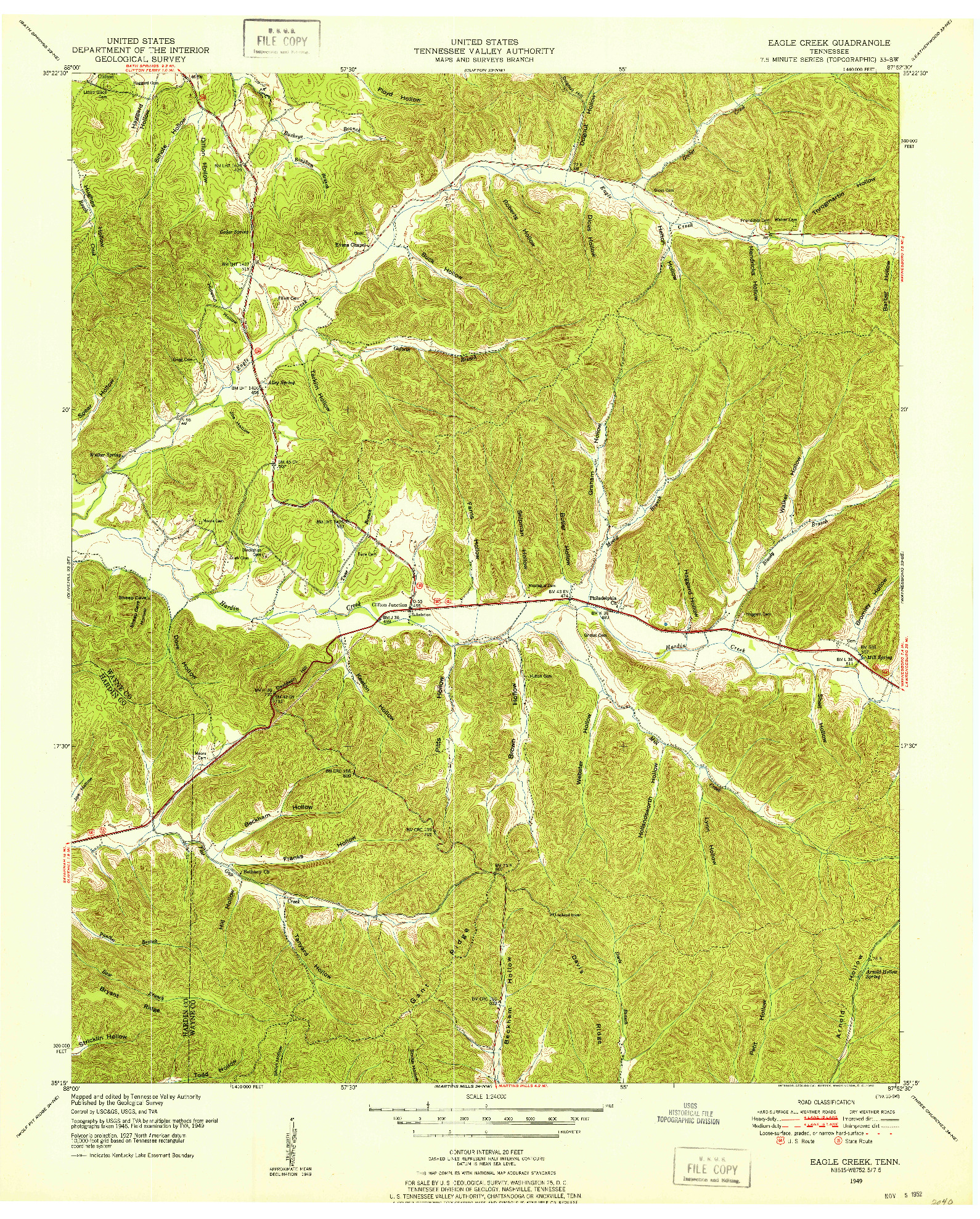 USGS 1:24000-SCALE QUADRANGLE FOR EAGLE CREEK, TN 1949