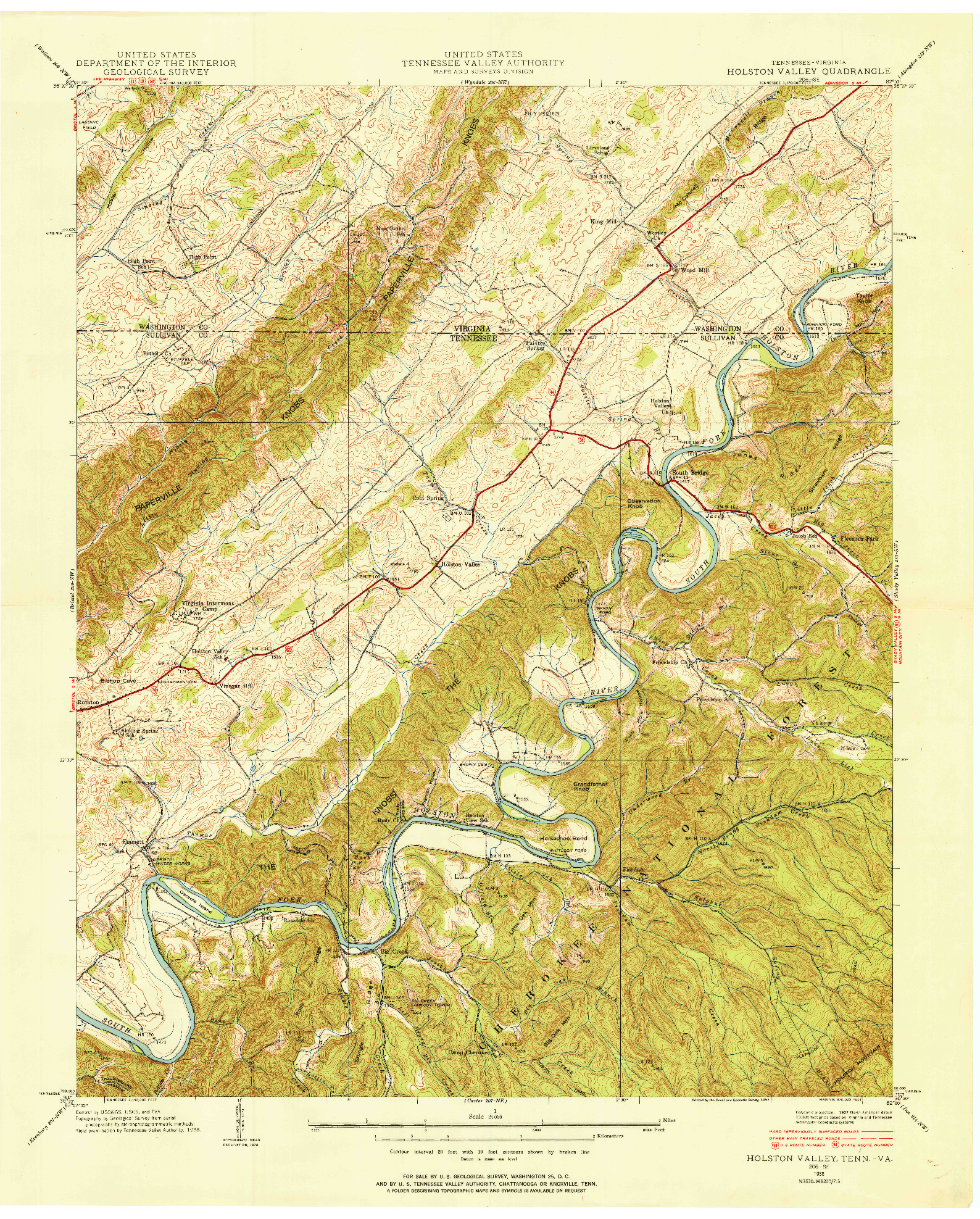 USGS 1:24000-SCALE QUADRANGLE FOR HOLSTON VALLEY, TN 1938