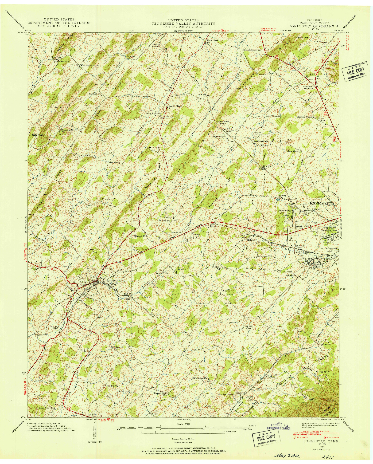 USGS 1:24000-SCALE QUADRANGLE FOR JONESBORO, TN 1939