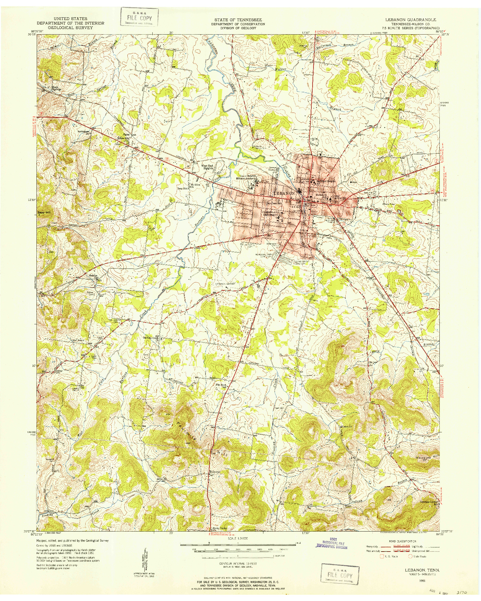 USGS 1:24000-SCALE QUADRANGLE FOR LEBANON, TN 1951