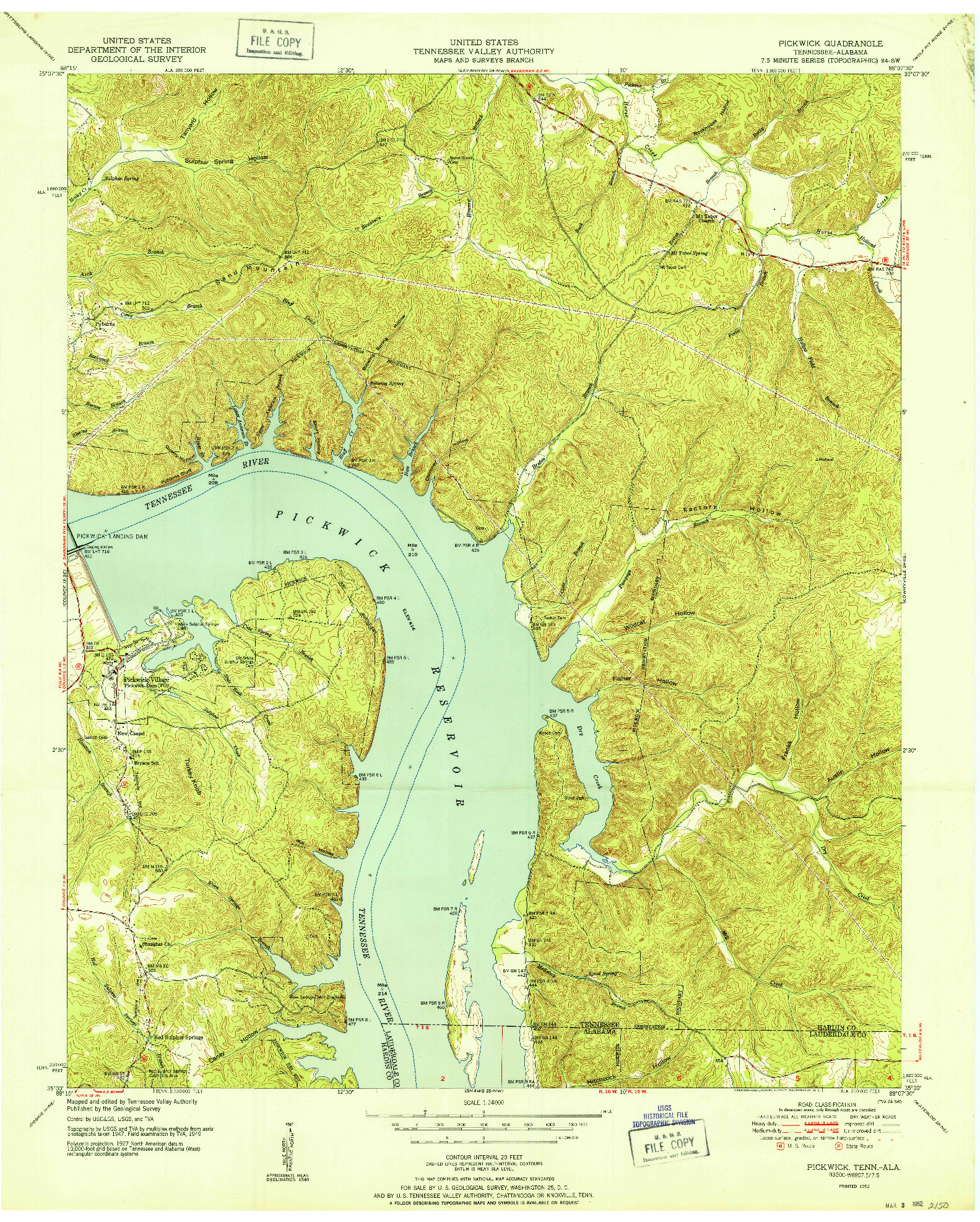 USGS 1:24000-SCALE QUADRANGLE FOR PICKWICK, TN 1952