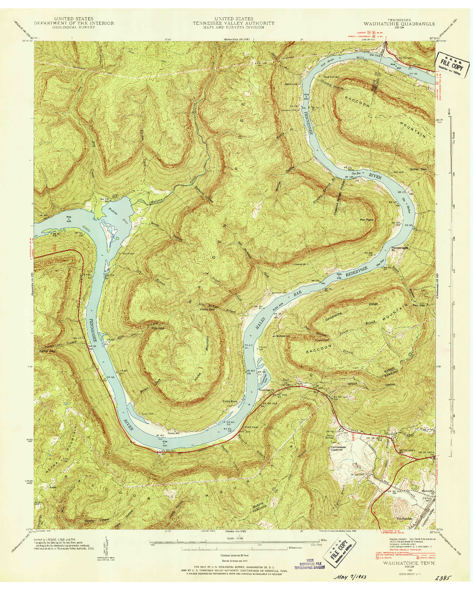 USGS 1:24000-SCALE QUADRANGLE FOR WAUHATCHIE, TN 1942