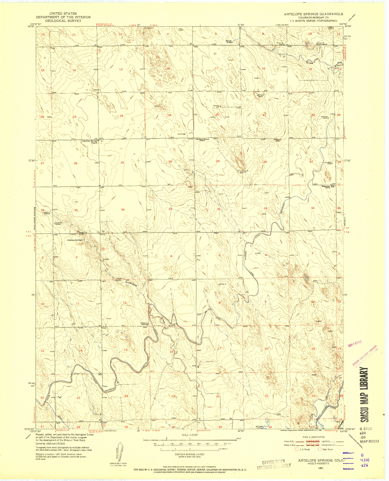 USGS 1:24000-SCALE QUADRANGLE FOR ANTELOPE SPRINGS, CO 1951