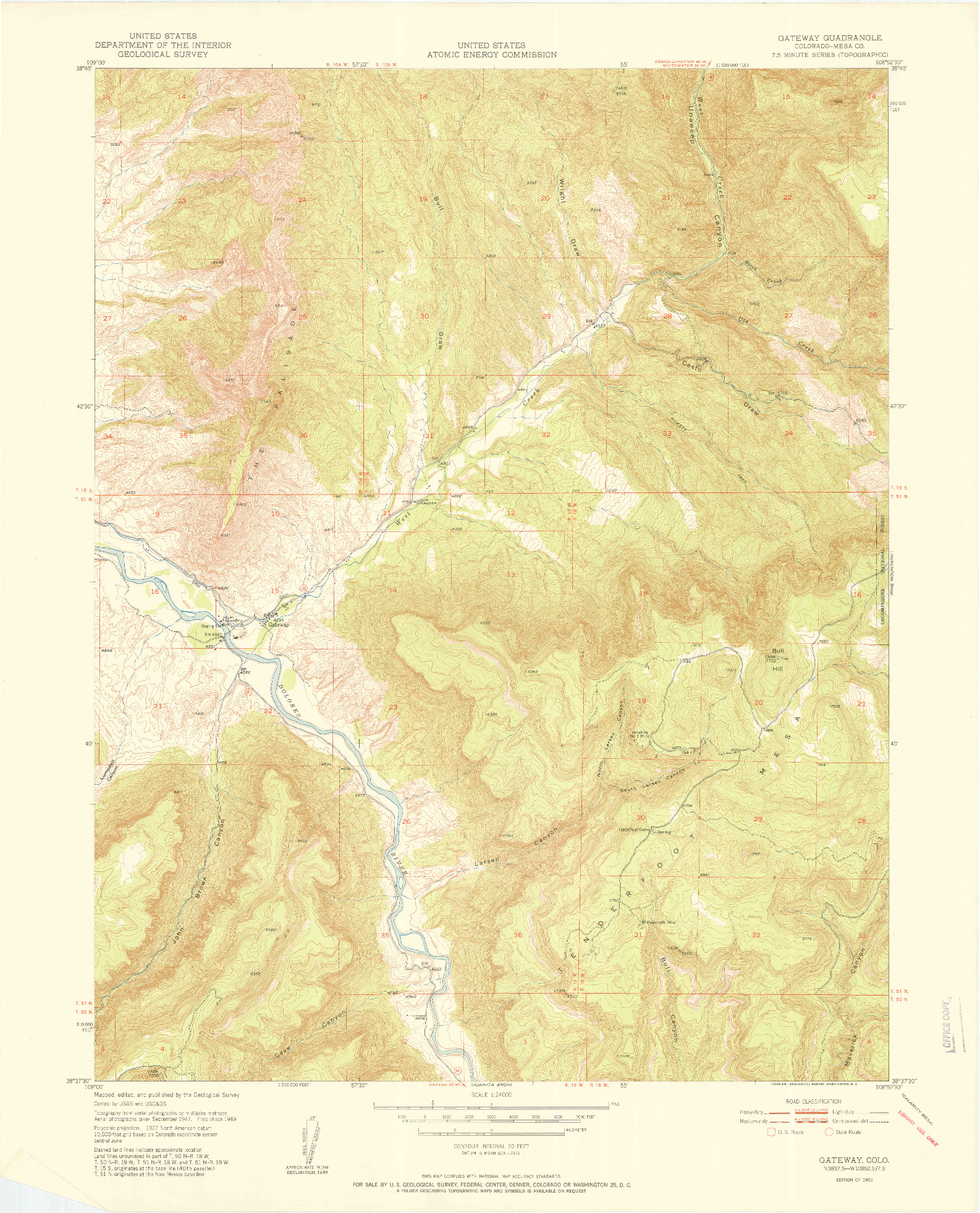 USGS 1:24000-SCALE QUADRANGLE FOR GATEWAY, CO 1952