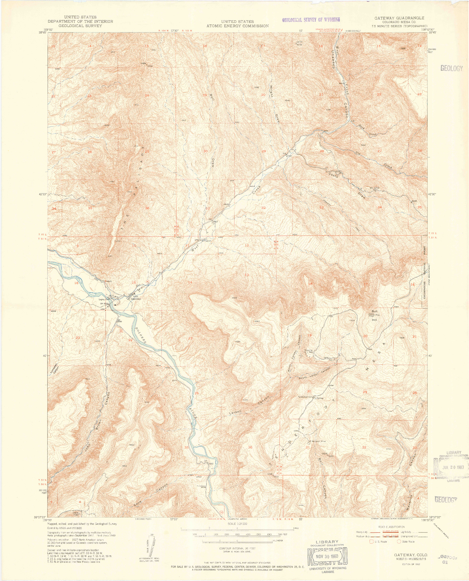 USGS 1:24000-SCALE QUADRANGLE FOR GATEWAY, CO 1952