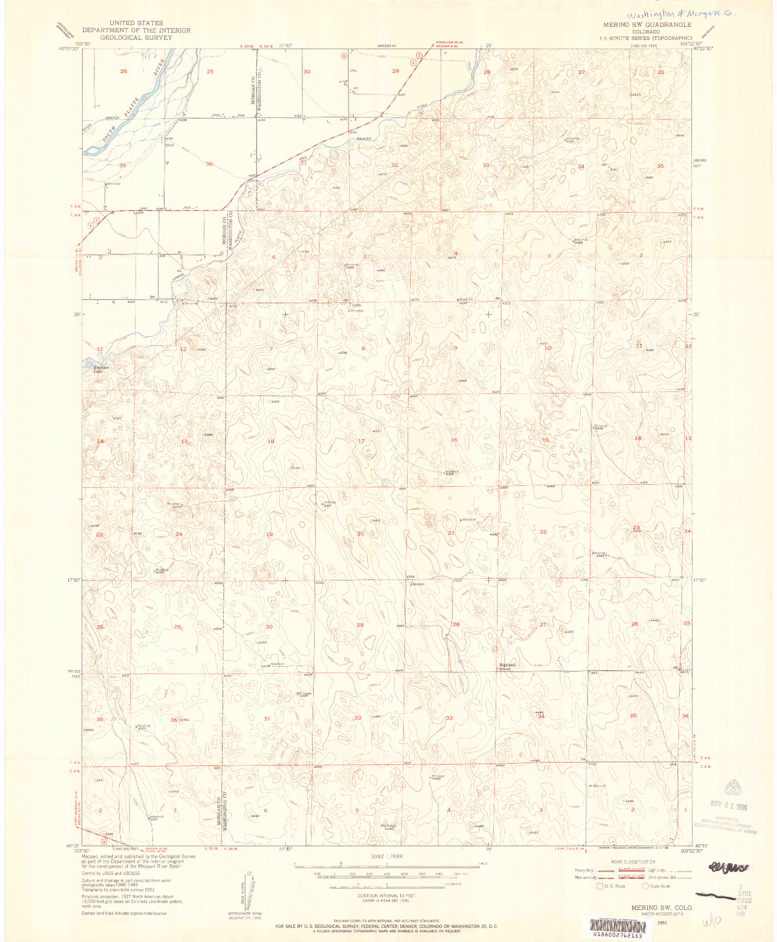 USGS 1:24000-SCALE QUADRANGLE FOR MERINO SW, CO 1951