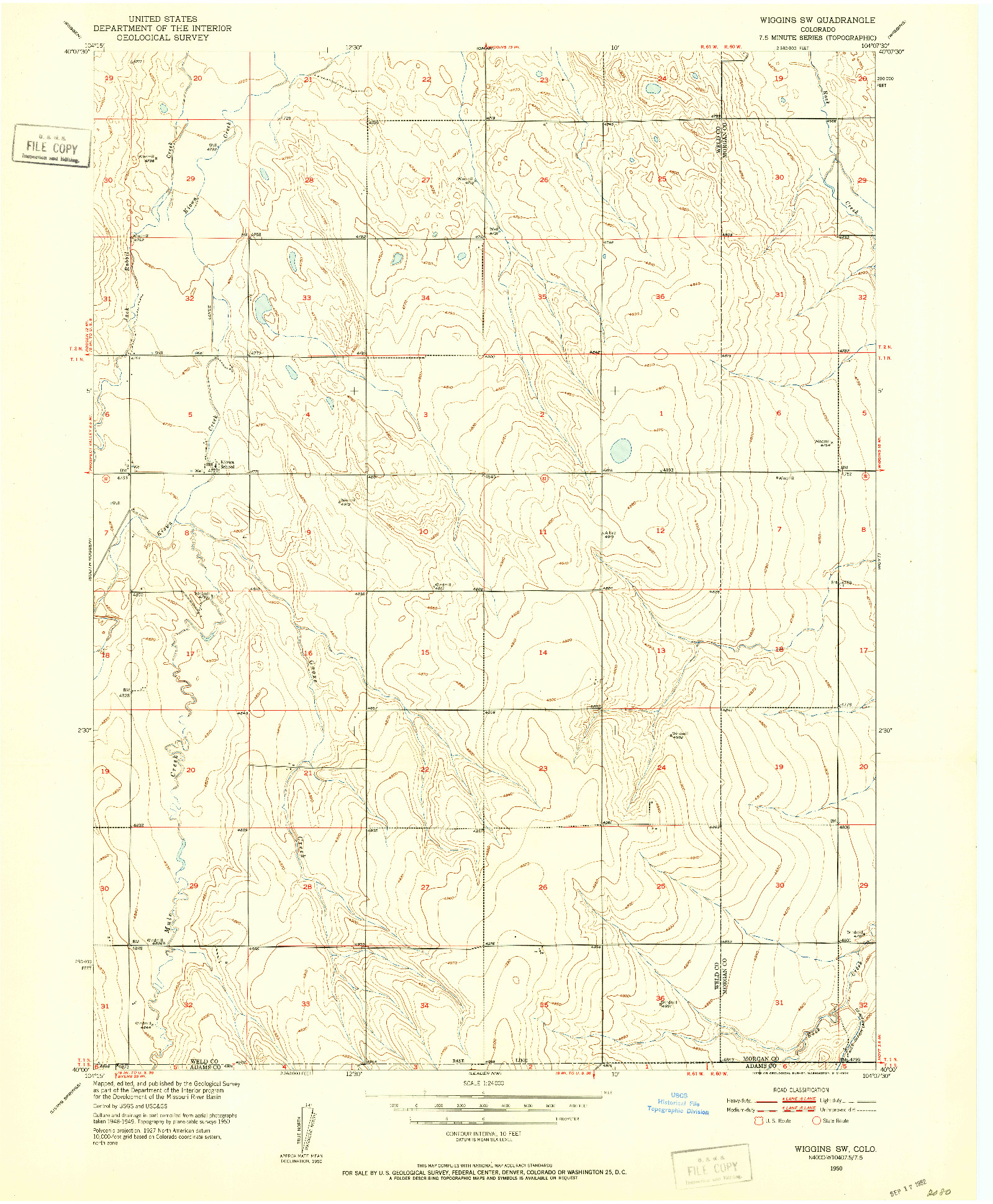 USGS 1:24000-SCALE QUADRANGLE FOR WIGGINS SW, CO 1950