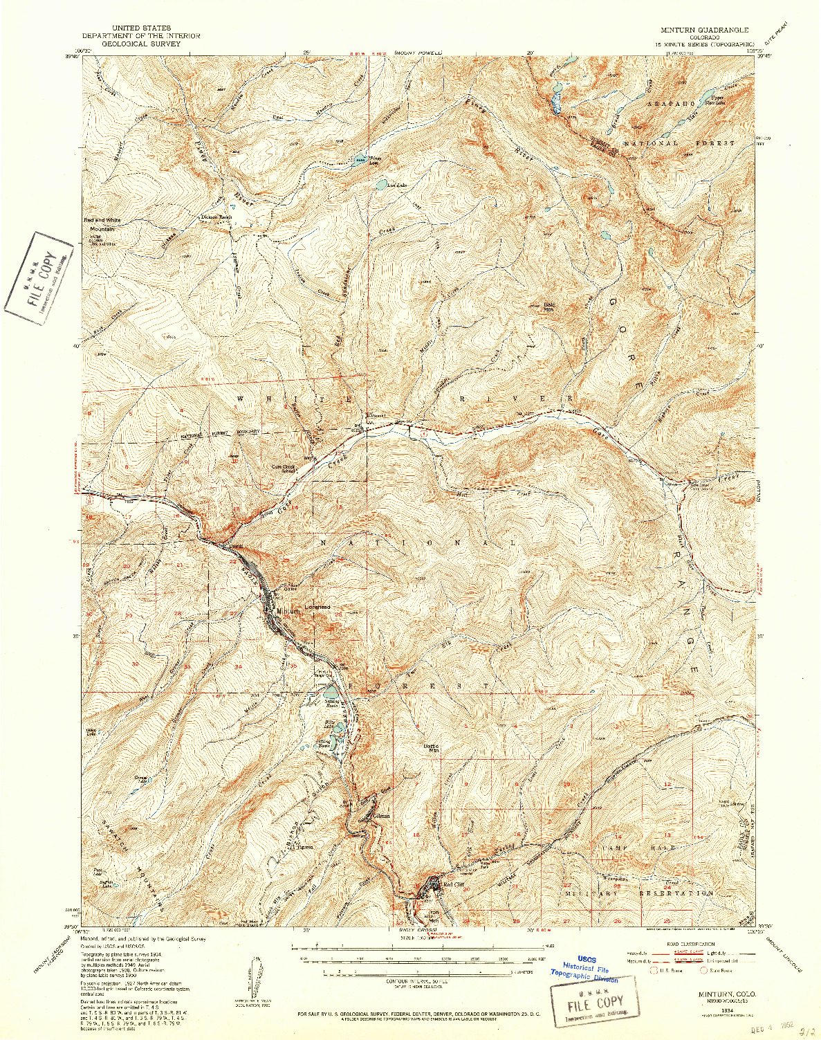 USGS 1:62500-SCALE QUADRANGLE FOR MINTURN, CO 1934