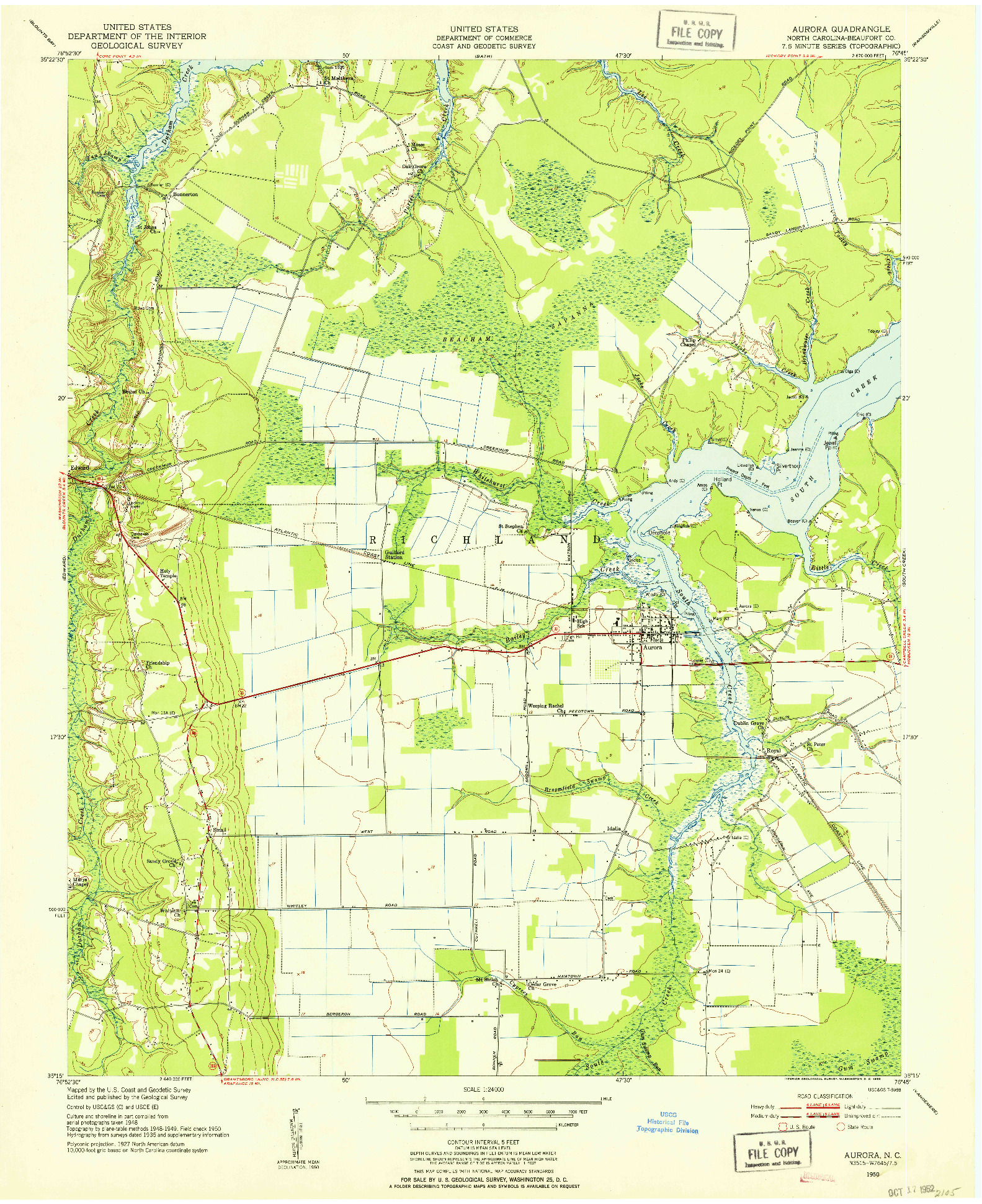 USGS 1:24000-SCALE QUADRANGLE FOR AURORA, NC 1950