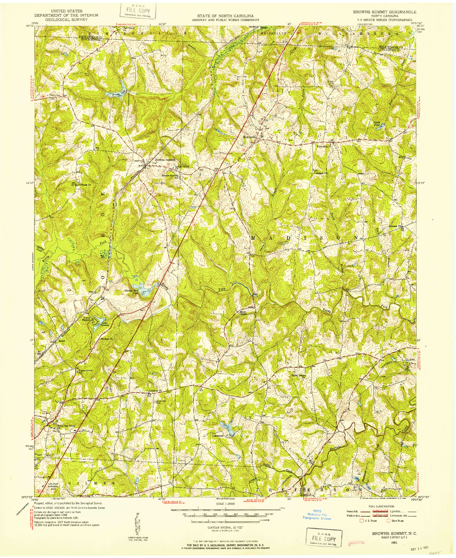 USGS 1:24000-SCALE QUADRANGLE FOR BROWNS SUMMIT, NC 1951