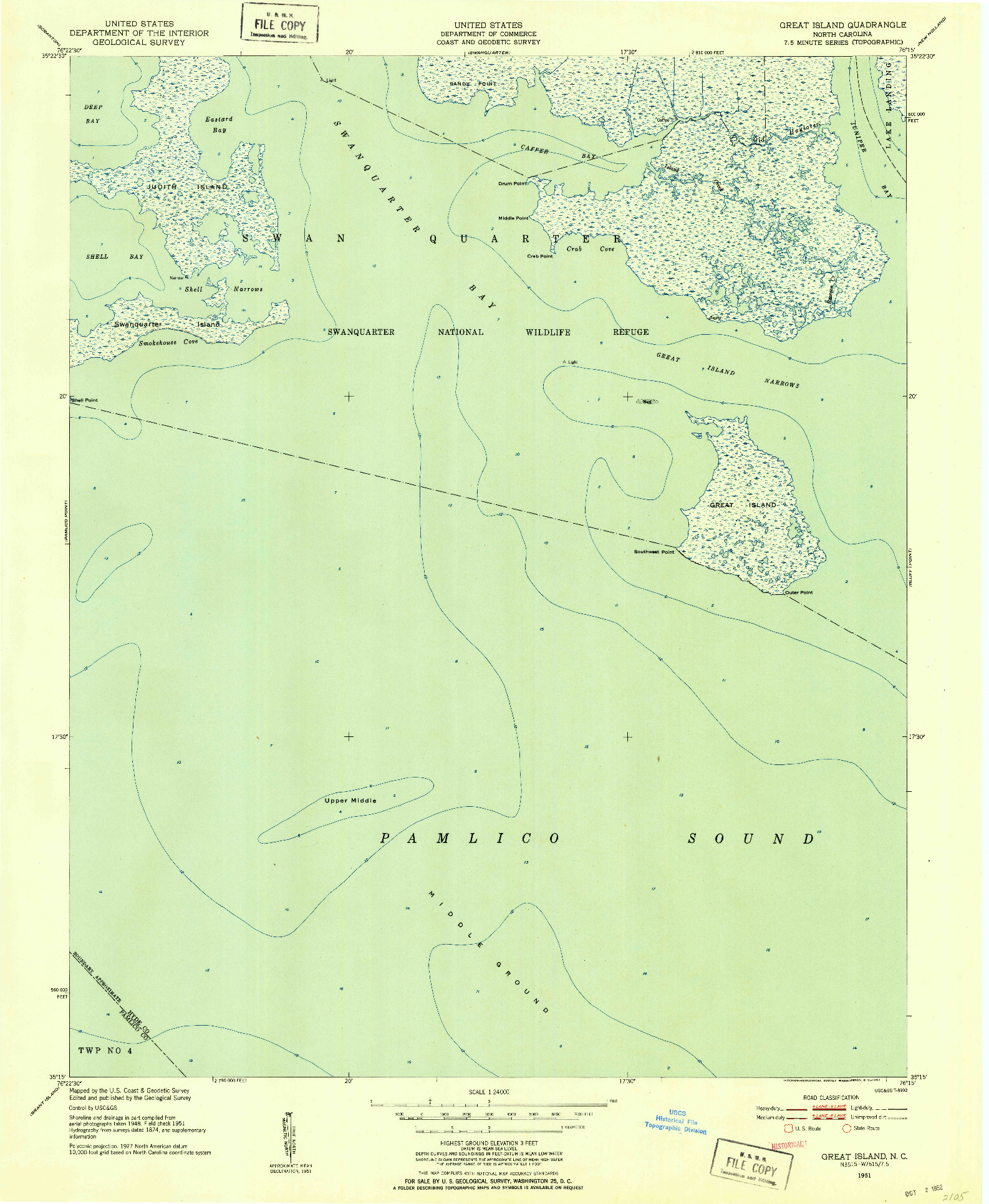 USGS 1:24000-SCALE QUADRANGLE FOR GREAT ISLAND, NC 1951