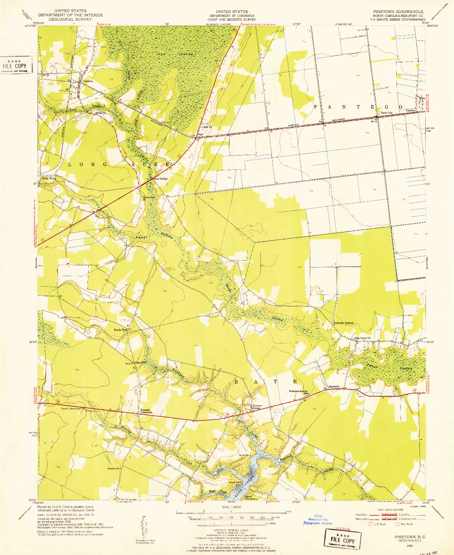 USGS 1:24000-SCALE QUADRANGLE FOR PINETOWN, NC 1950