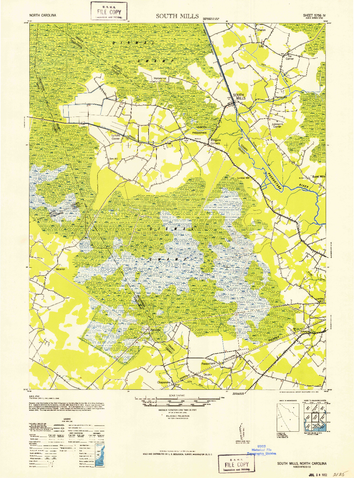 USGS 1:62500-SCALE QUADRANGLE FOR SOUTH MILLS, NC 1952