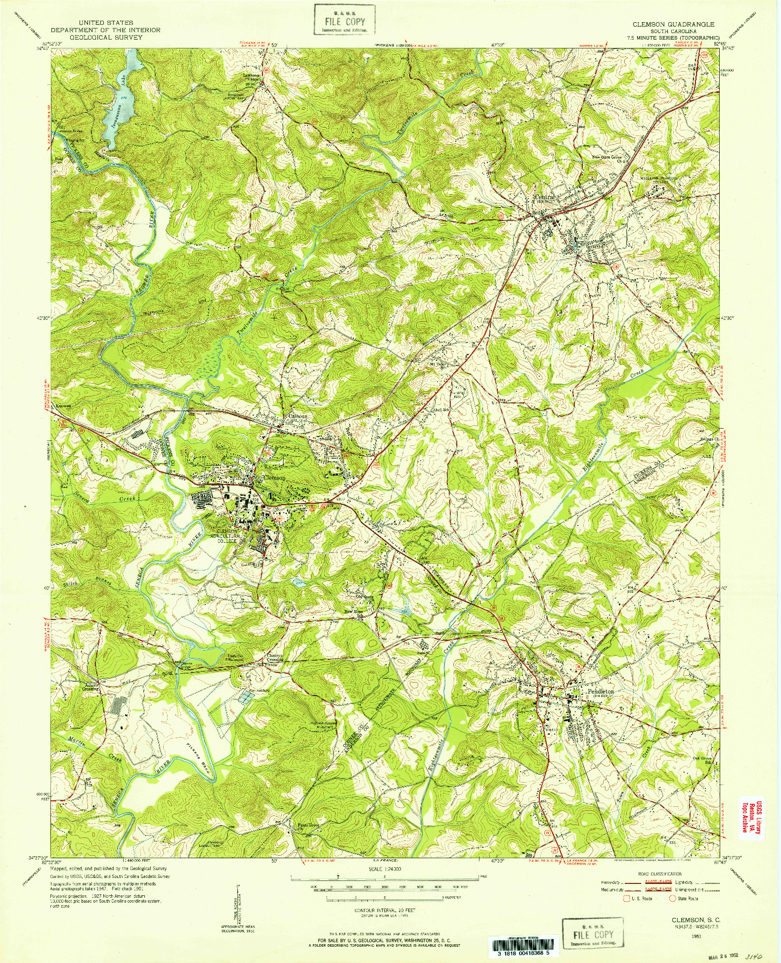 USGS 1:24000-SCALE QUADRANGLE FOR CLEMSON, SC 1951