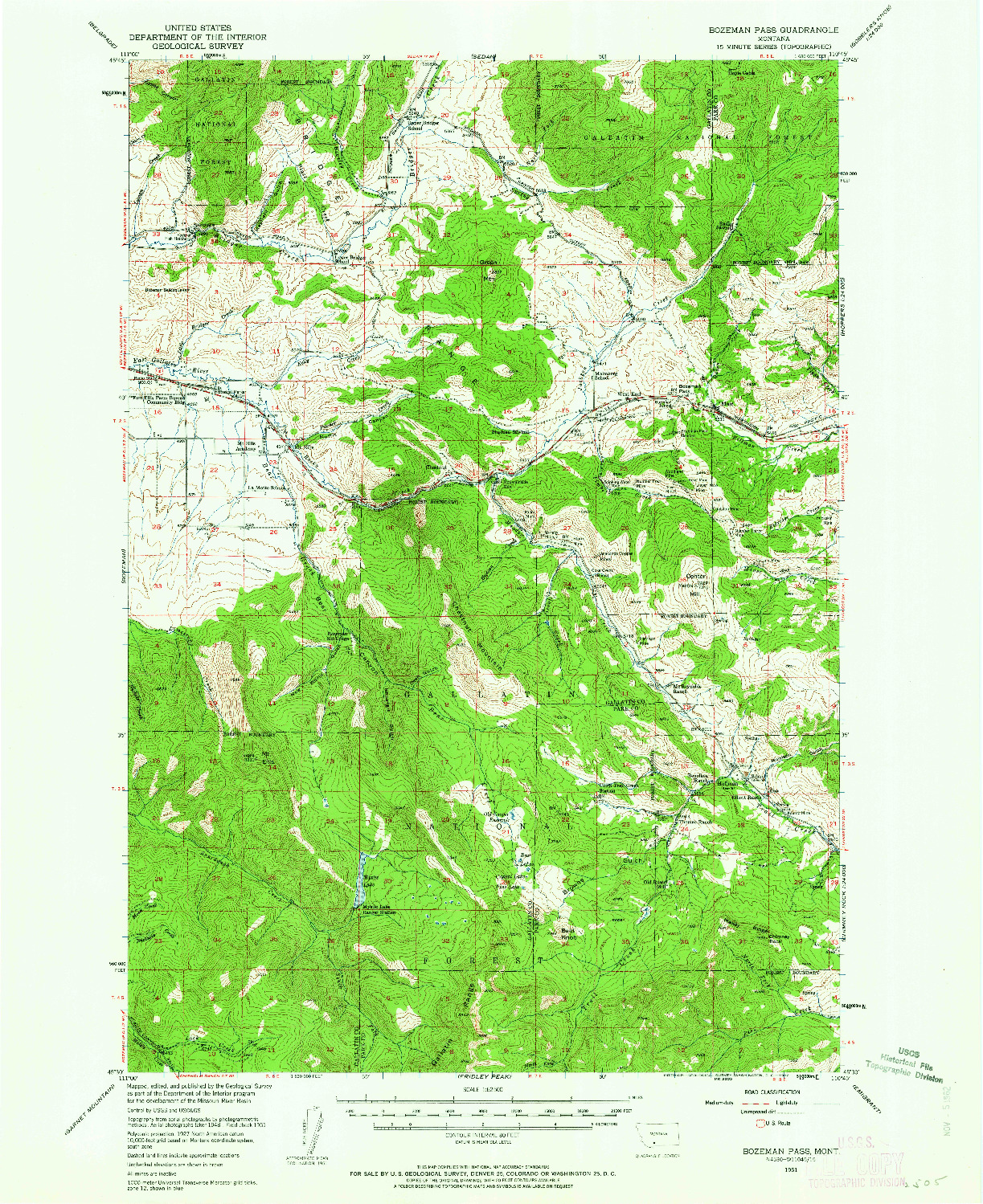 USGS 1:62500-SCALE QUADRANGLE FOR BOZEMAN PASS, MT 1951