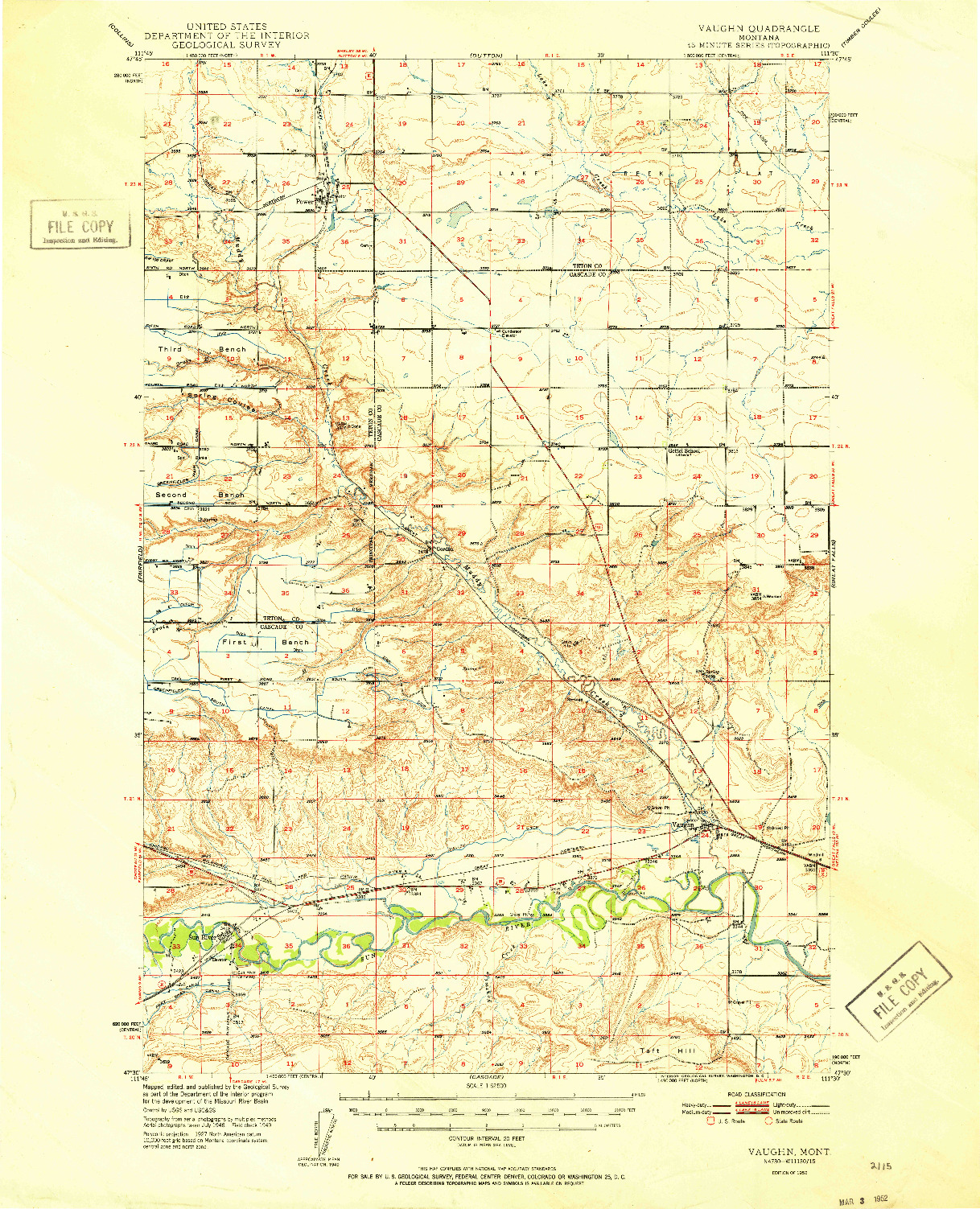USGS 1:62500-SCALE QUADRANGLE FOR VAUGHN, MT 1952