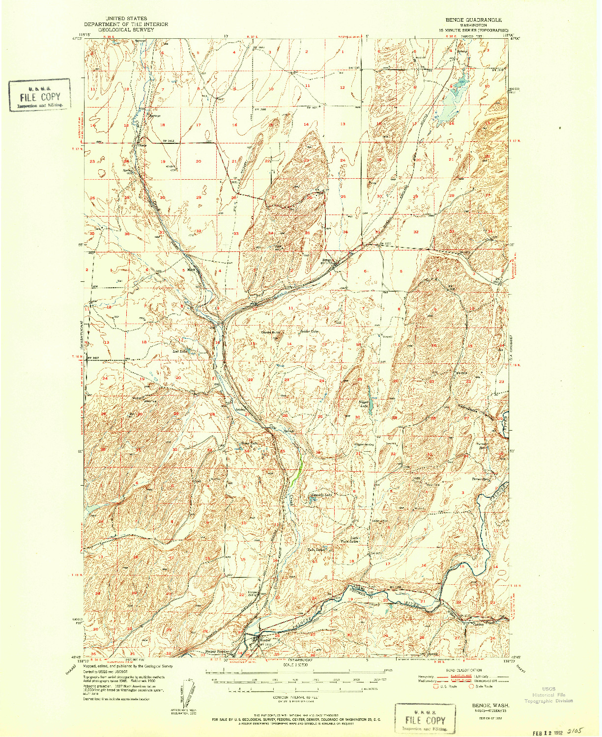USGS 1:62500-SCALE QUADRANGLE FOR BENGE, WA 1952
