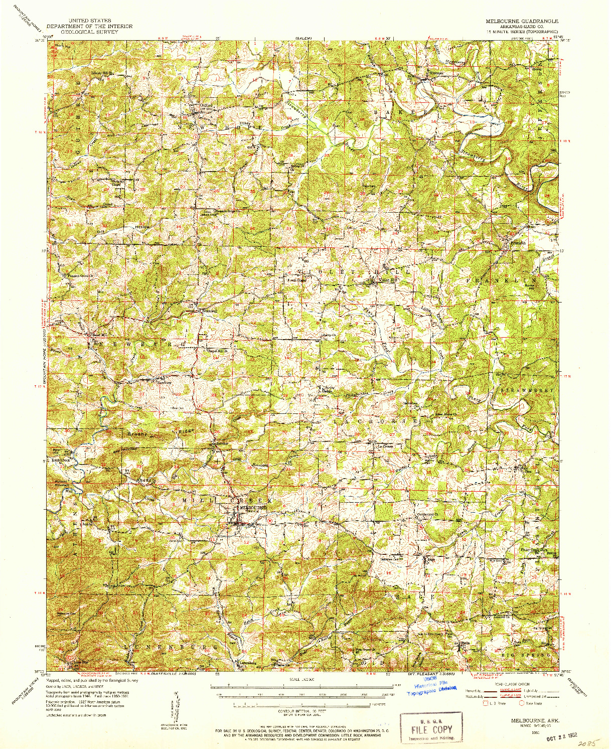 USGS 1:62500-SCALE QUADRANGLE FOR MELBOURNE, AR 1951
