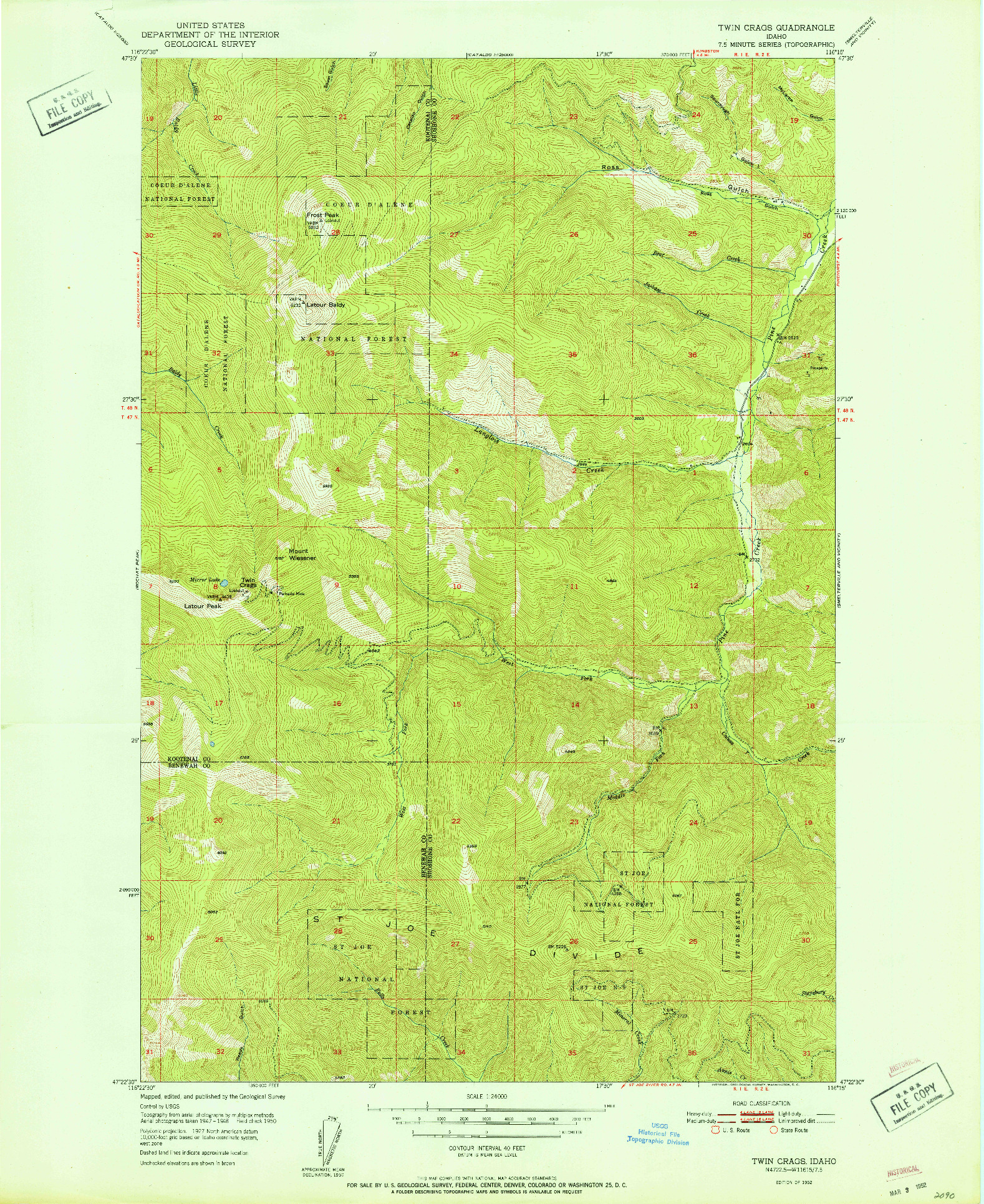 USGS 1:24000-SCALE QUADRANGLE FOR TWIN CRAGS, ID 1952